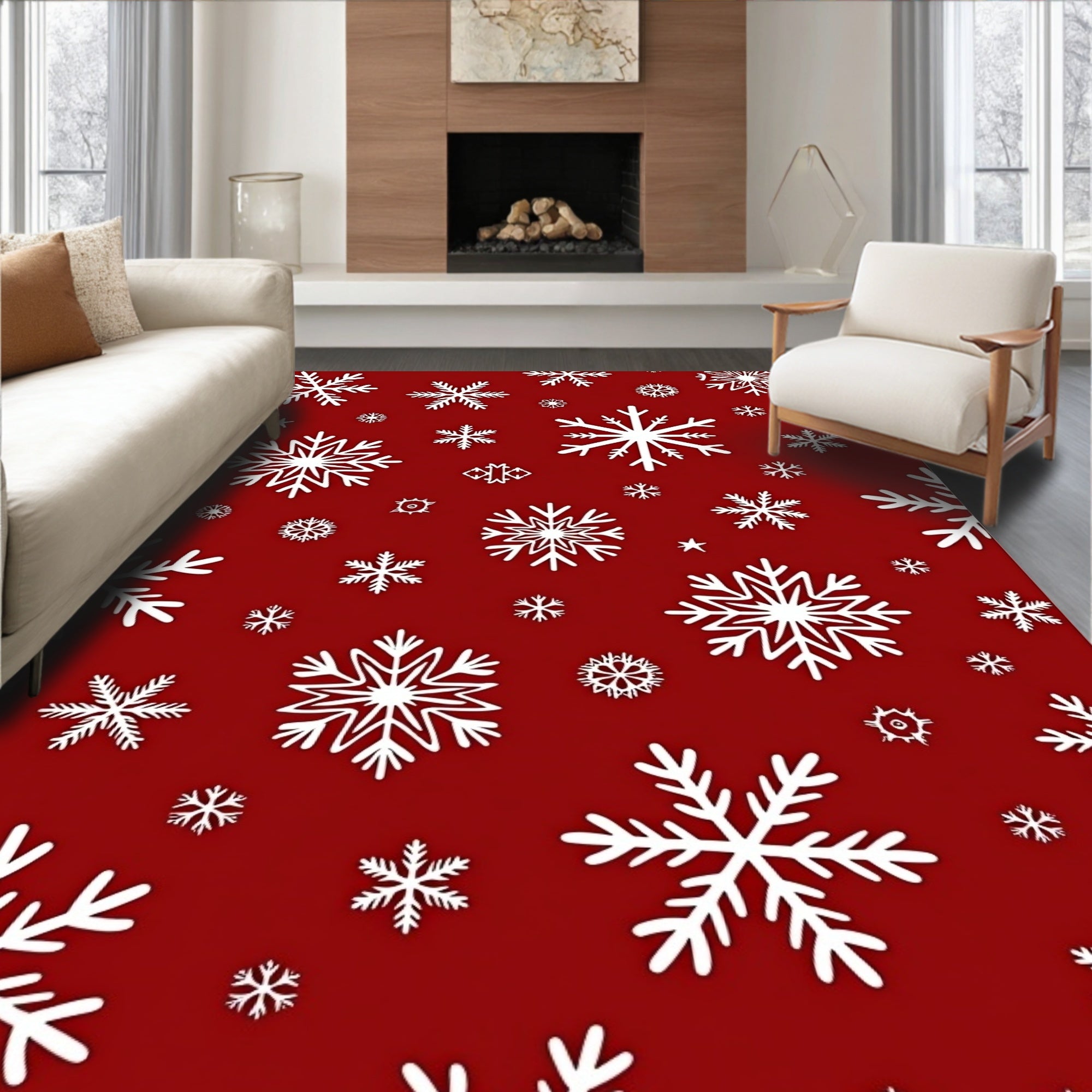 Crimson White Snowflake Sprinkle Background Rug