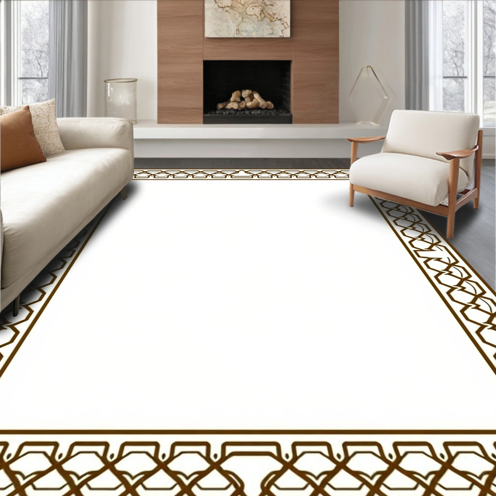 Rich Brown Interlocking Geometric Border Rug