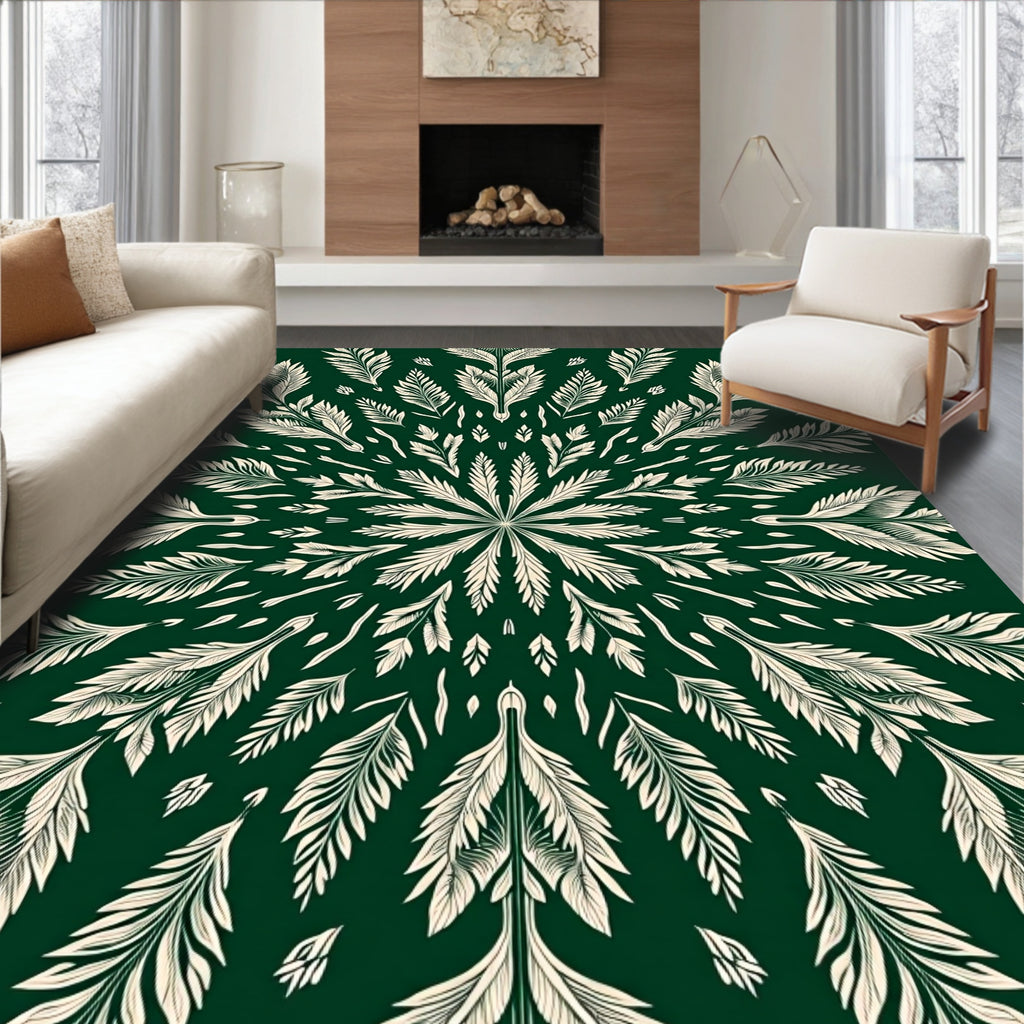 Dark Green Symmetric Botanical Bloom Rug