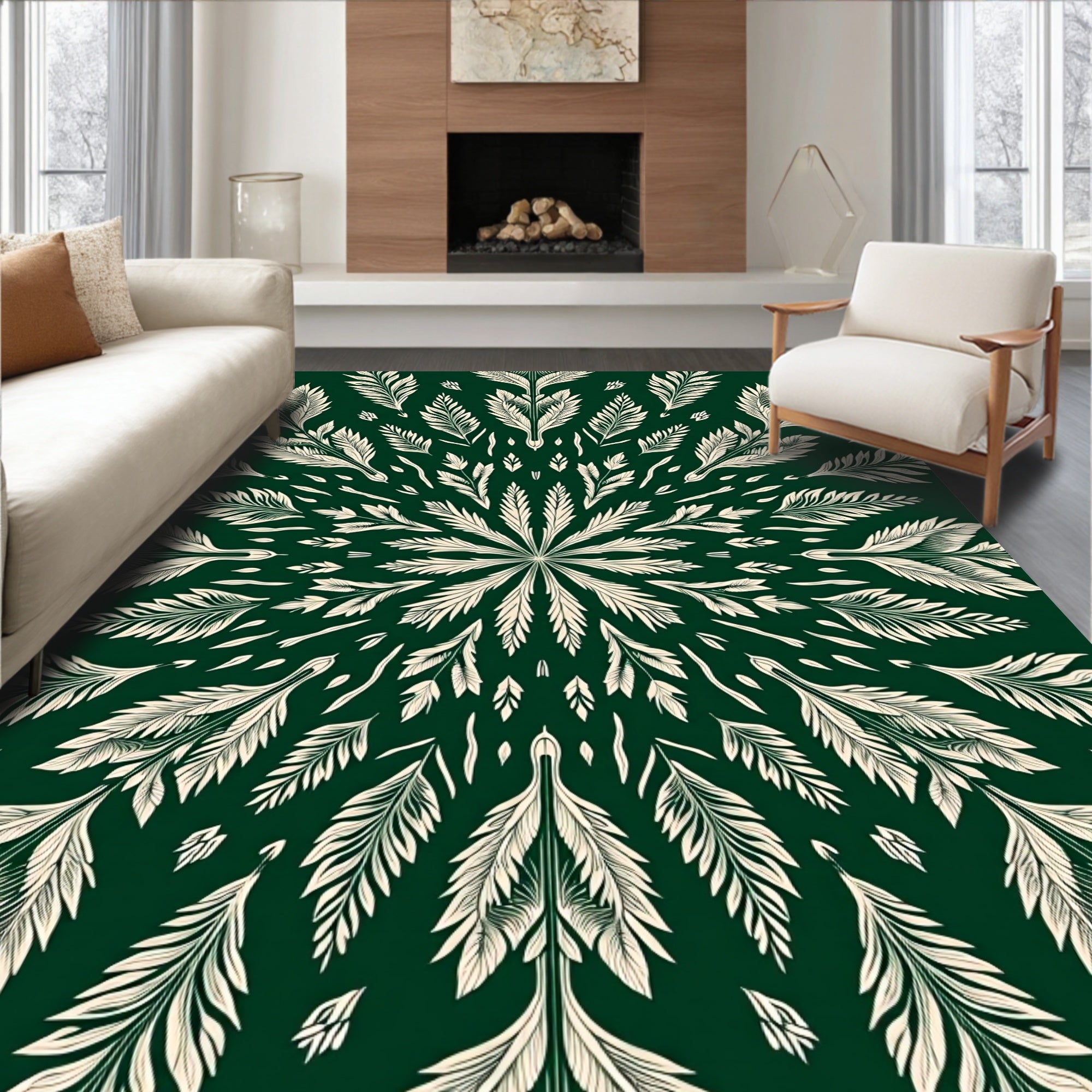 Dark Green Symmetric Botanical Bloom Rug