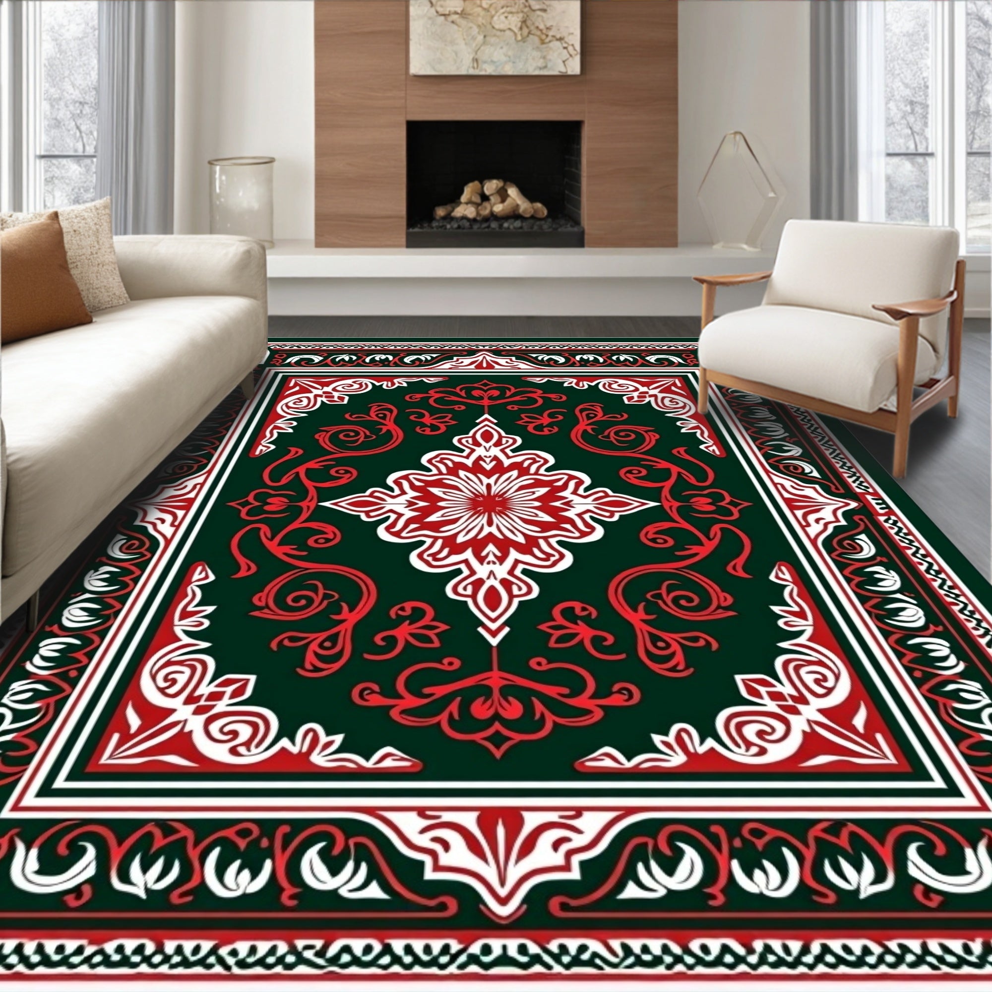 Ornate Red and Green Floral Medallion Rug