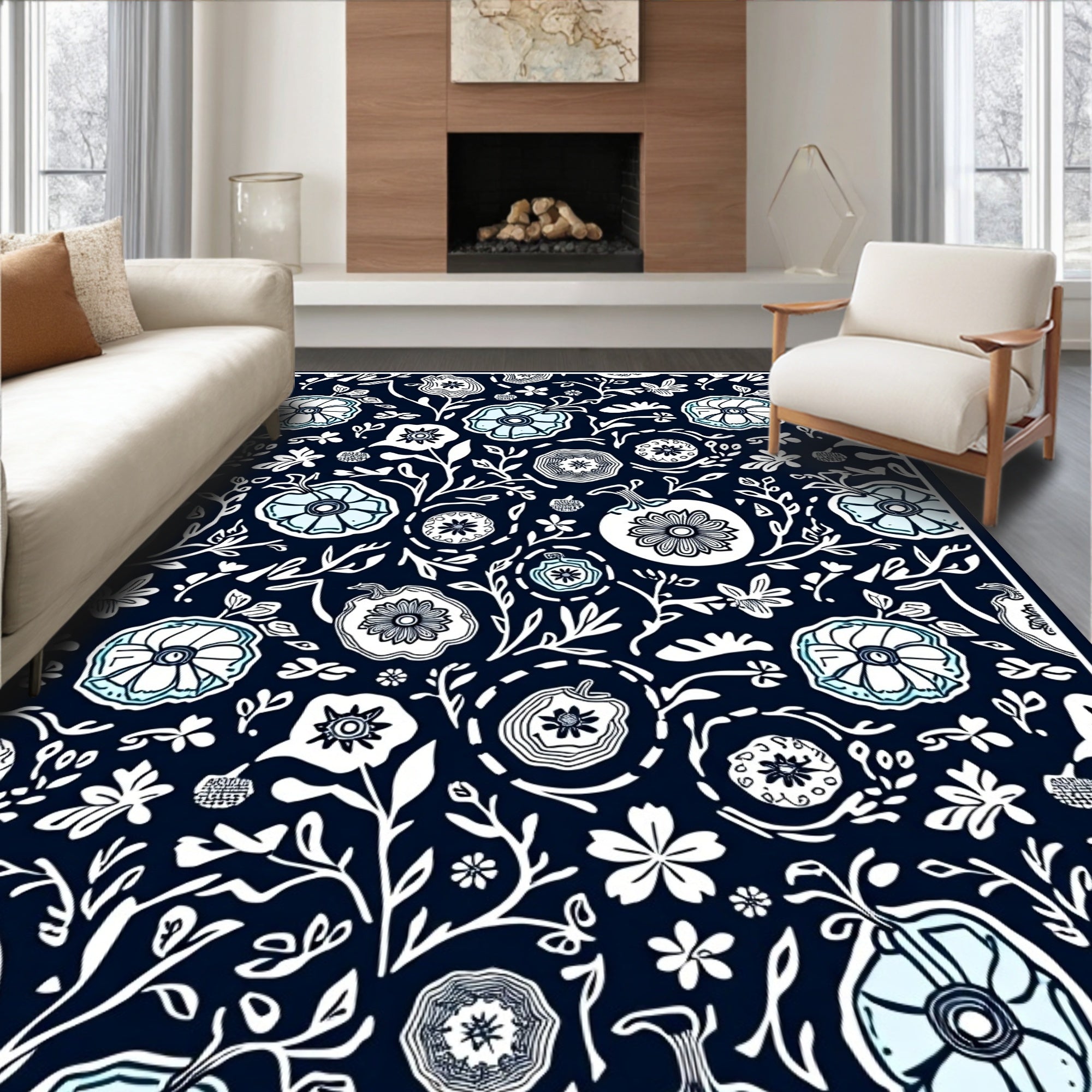 Dark Blue Floral Medallion Whimsical Rug
