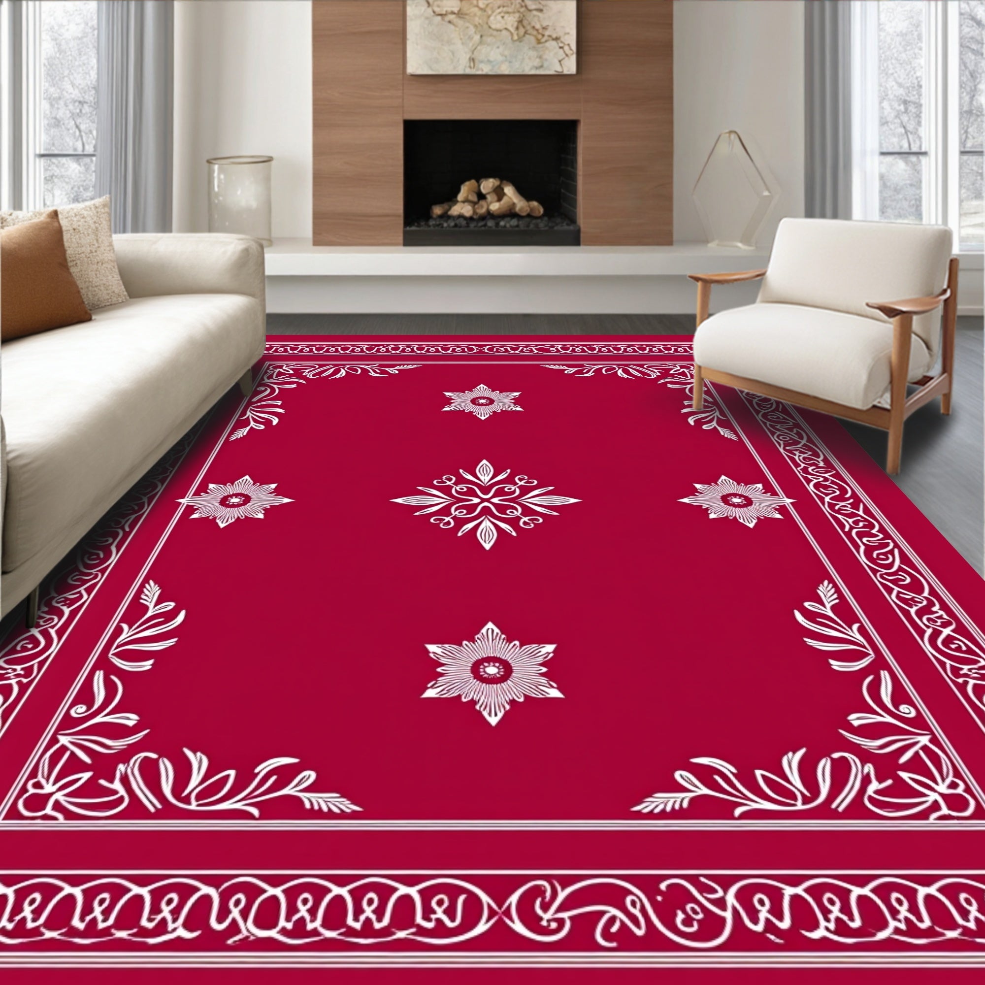 Crimson White Floral Mandala Border Rug