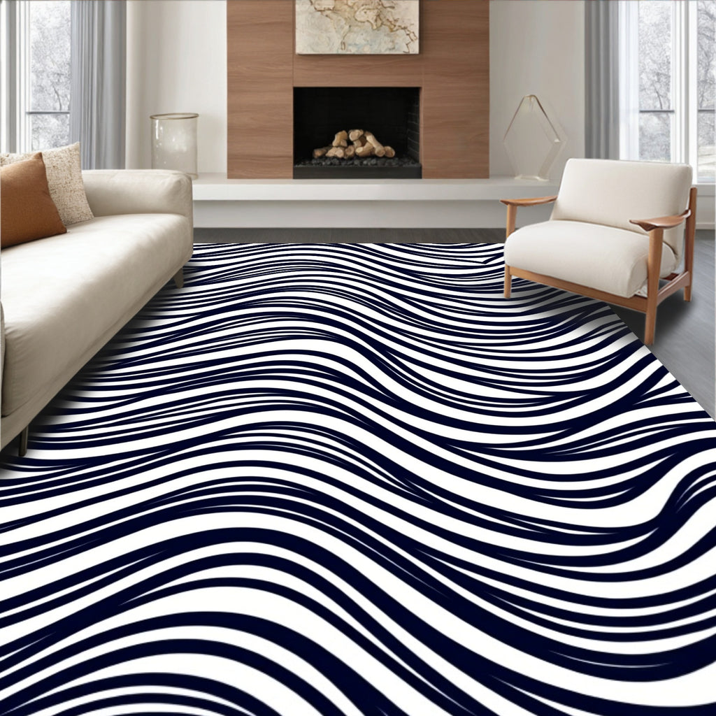 Deep Blue Abstract Wave Lines Rug