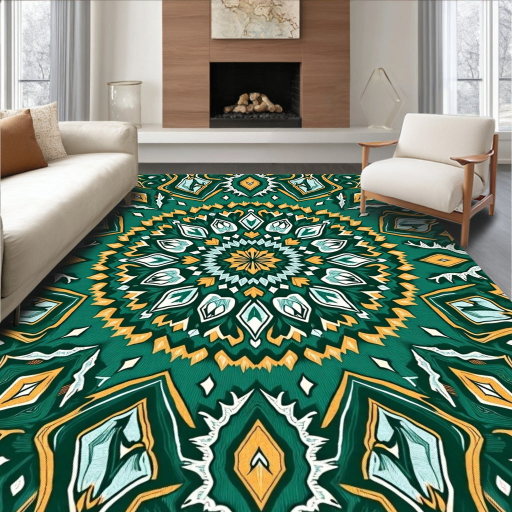Emerald Gold Mandala Geometric Rug