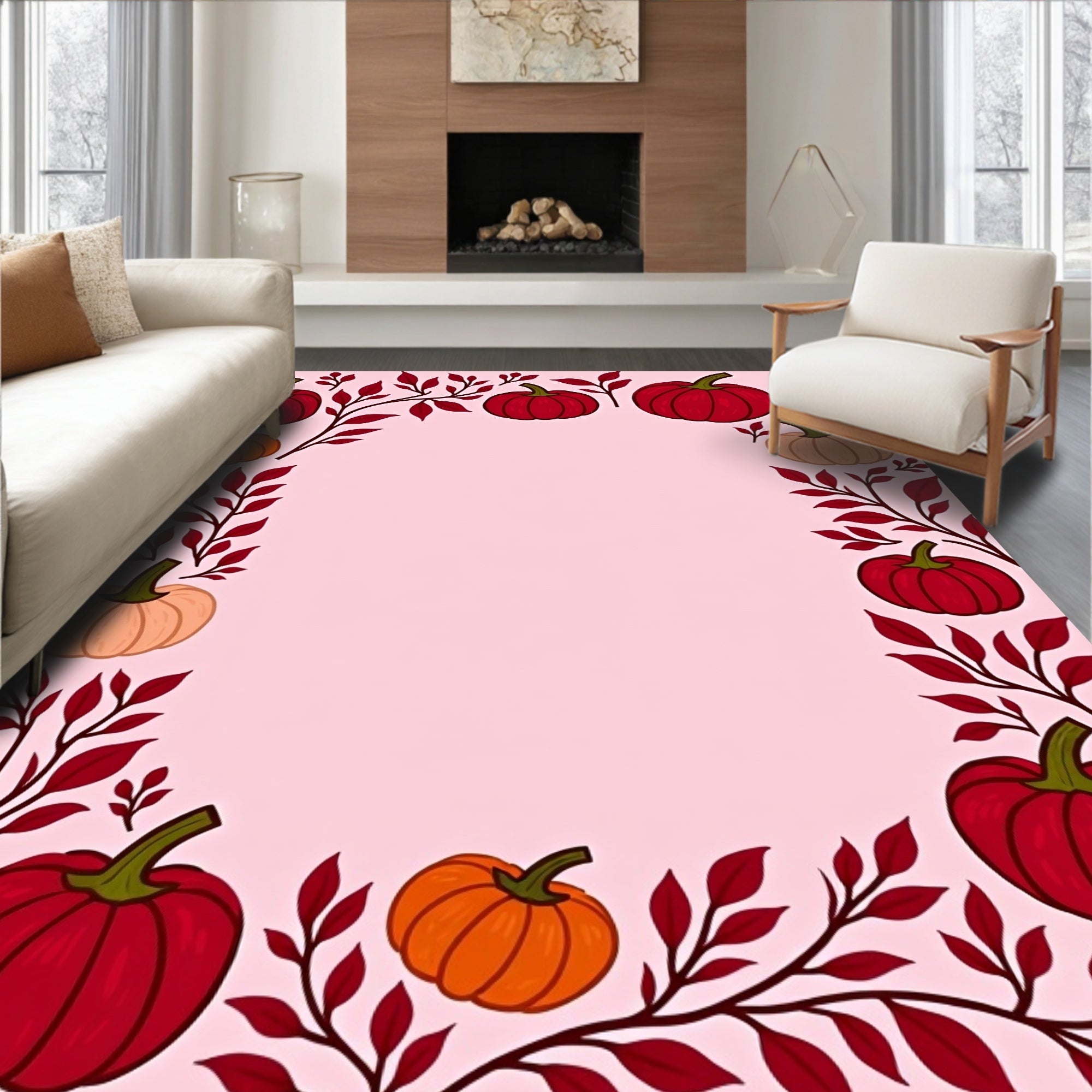 Harvest Blush Pumpkin Foliage Border Rug