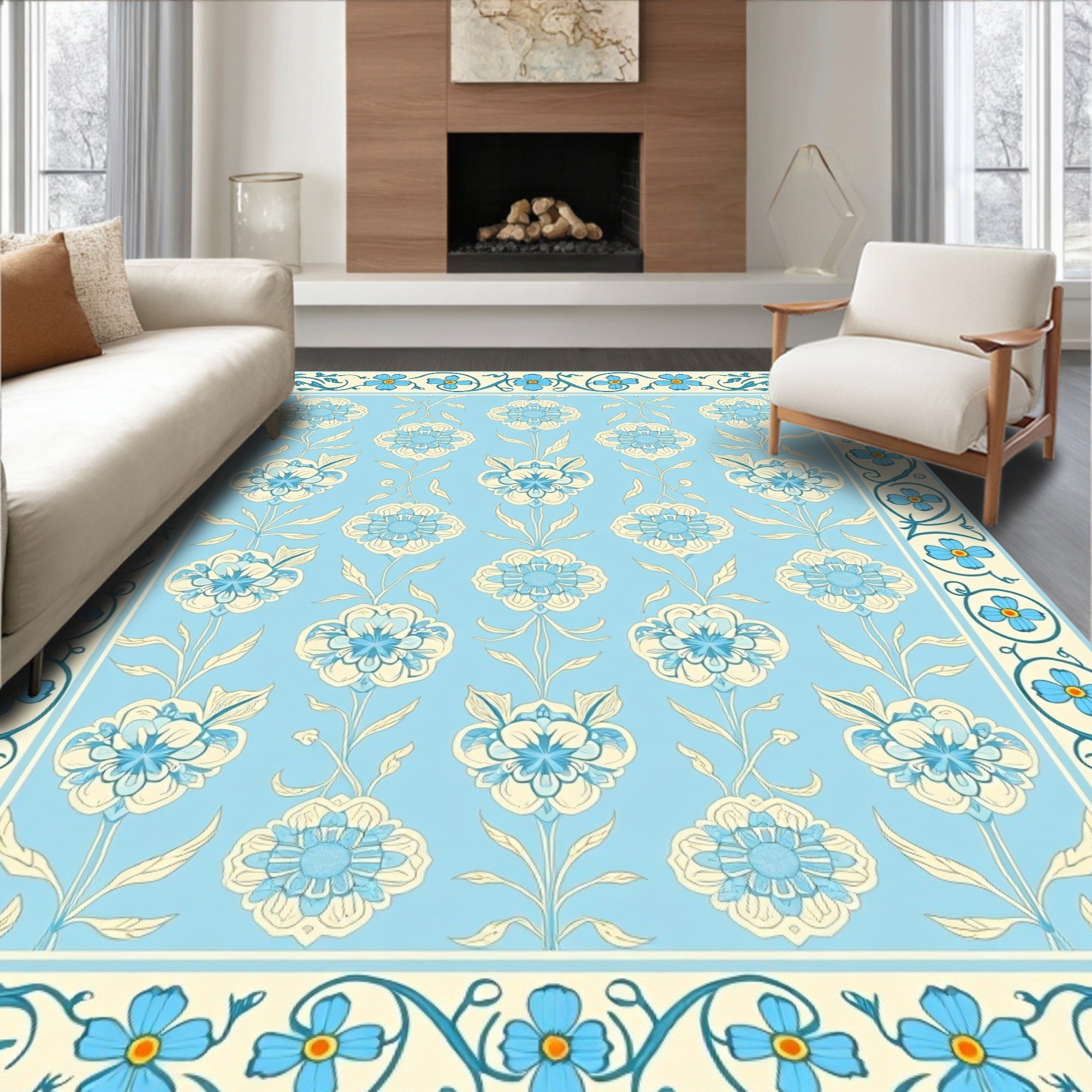 Light Blue Floral Medallion Border Rug