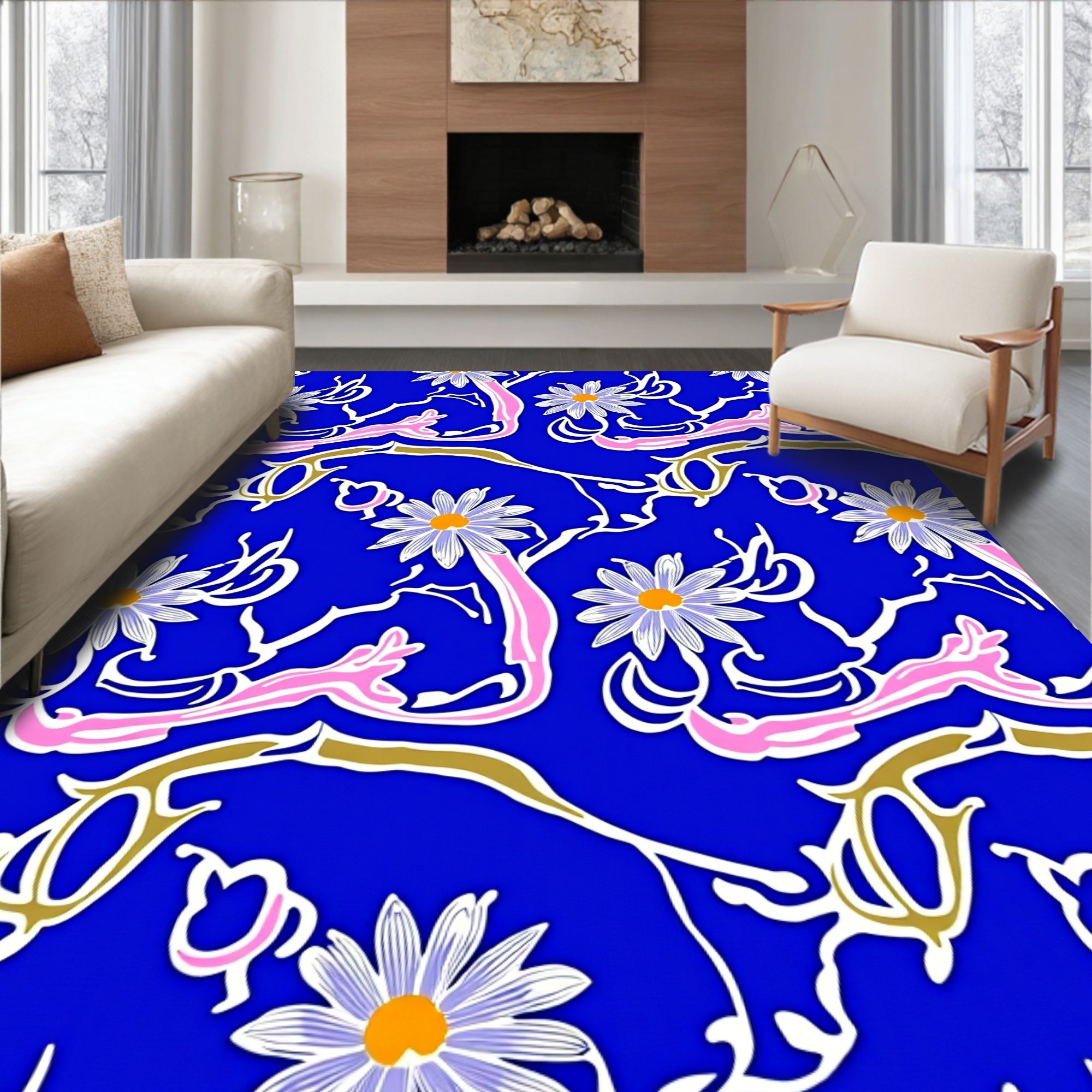 Whimsical Blue Daisy Floral Swirl Rug