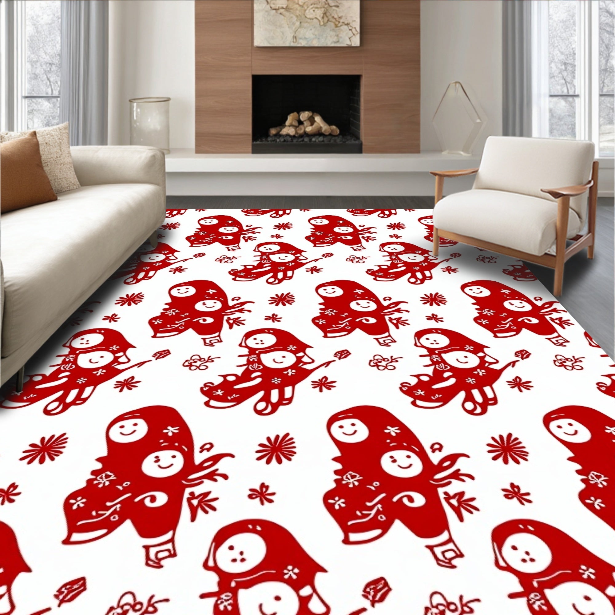 Red Chinese Folk Art Characters Rug