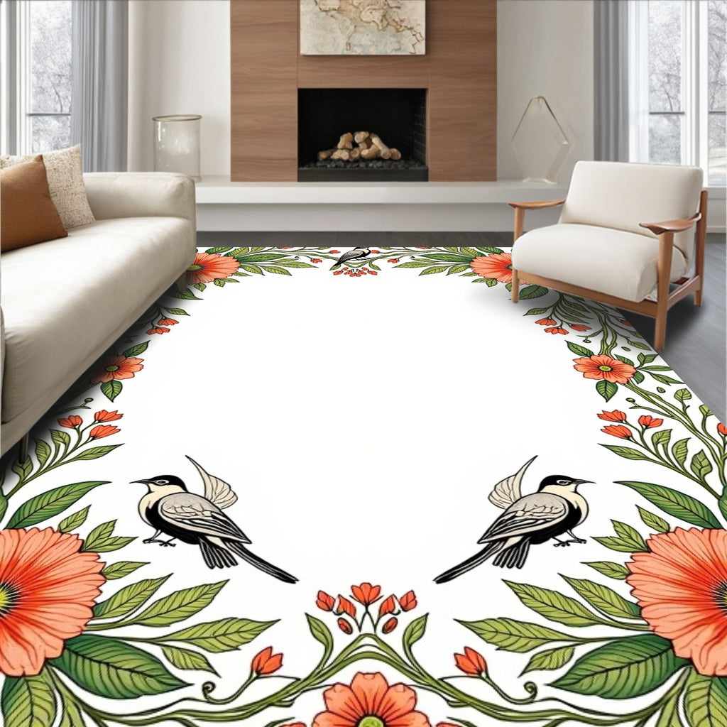Coral Floral Nature Birds Border Rug