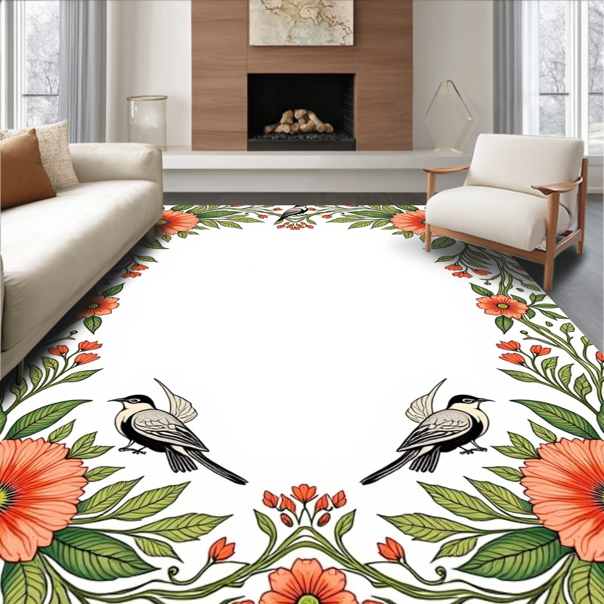 Coral Floral Nature Birds Border Rug