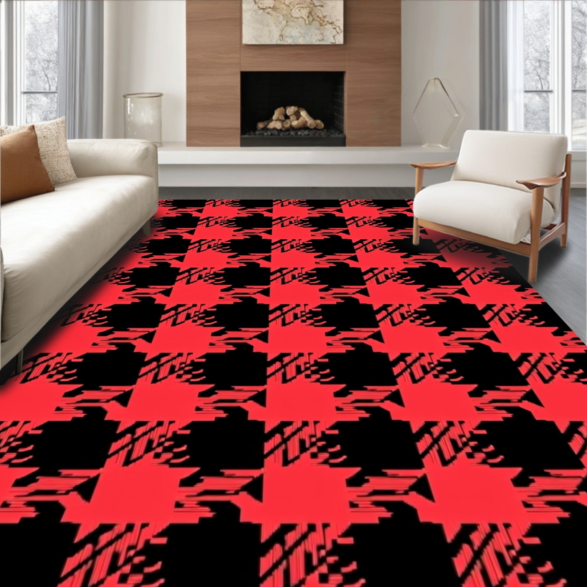 Bold Red Houndstooth Check Rug
