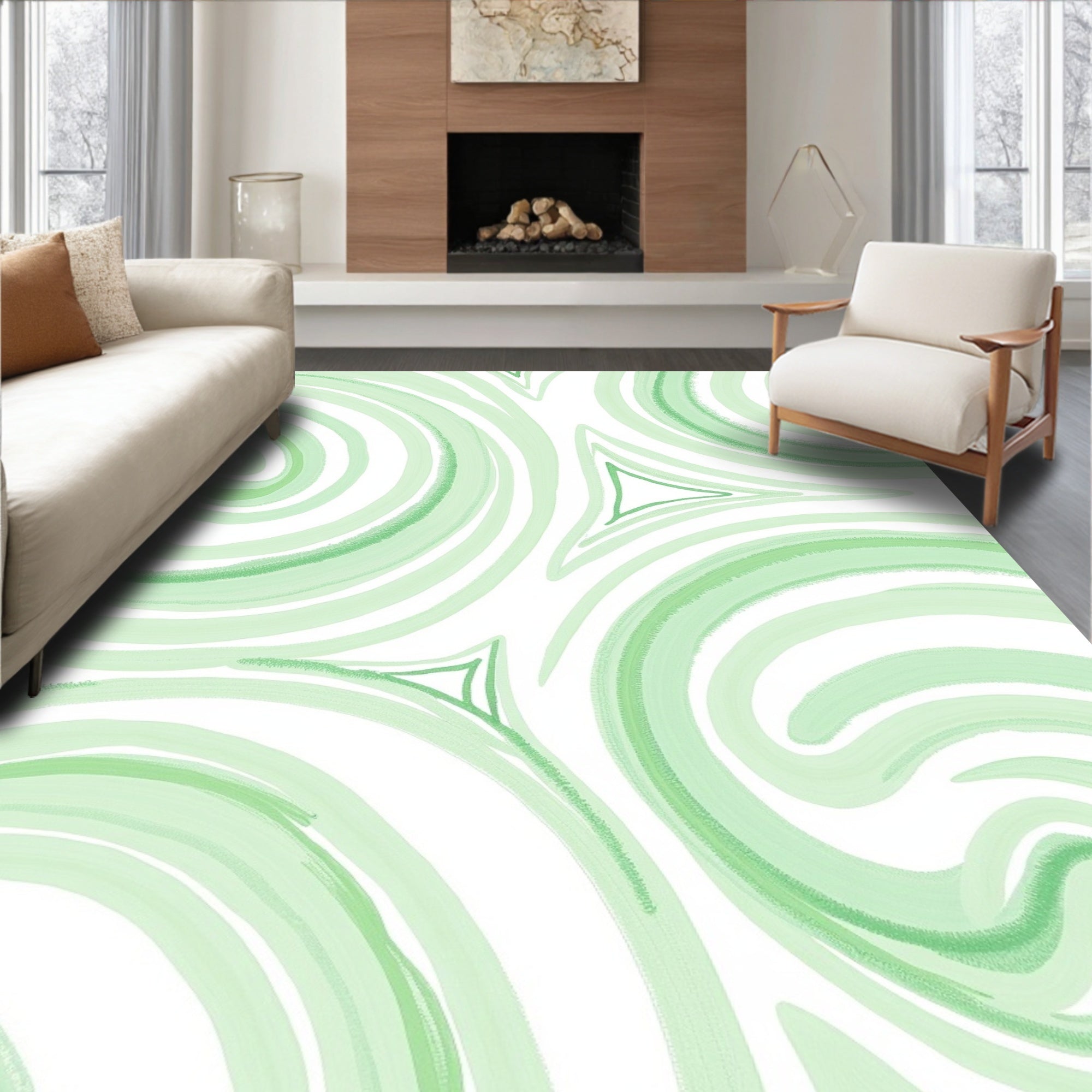 Light Green Swirl Watercolor Abstract Rug