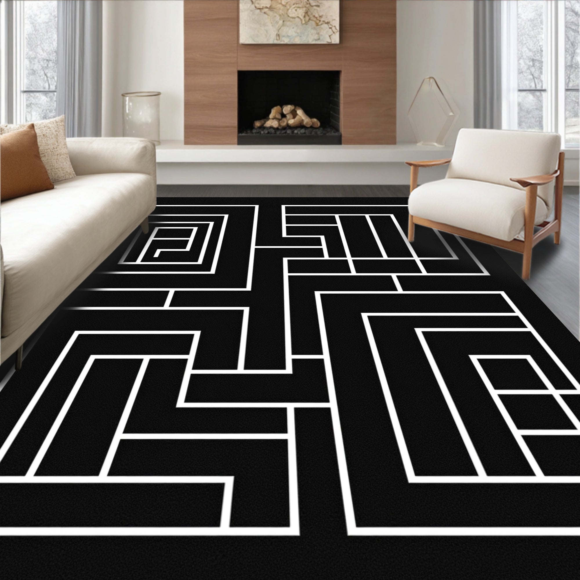 Abstract Black White Geometric Maze Rug