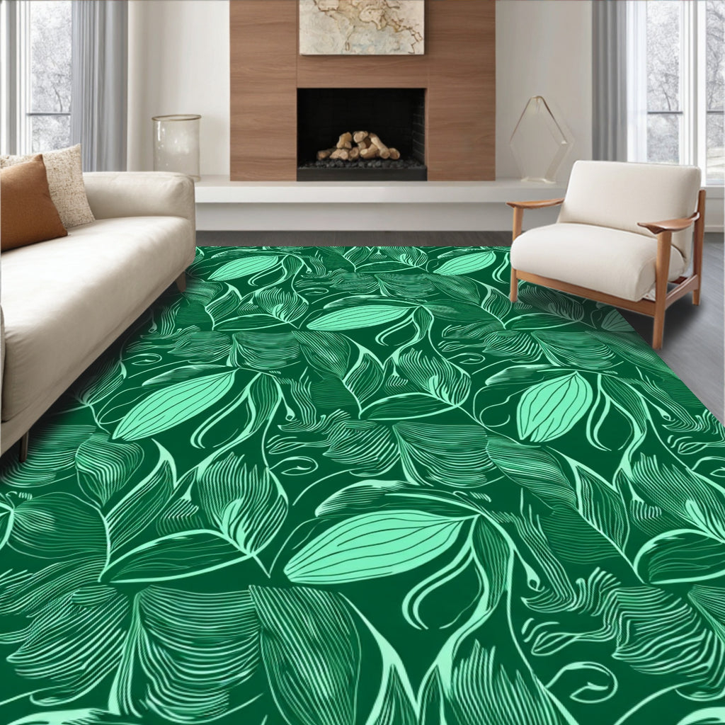 Deep Emerald Green Leafy Vines Abstract Rug
