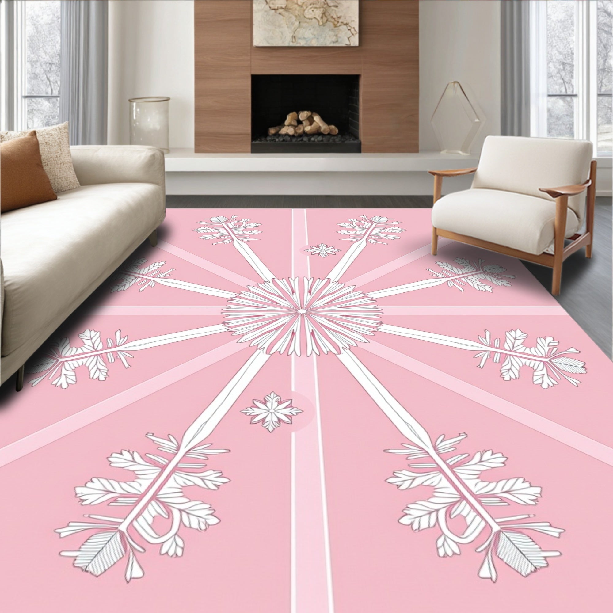 Blush Pink Snowflake Radiant Sunburst Rug