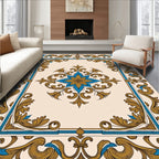 Ornate Gold Blue Floral Border Medallion Rug