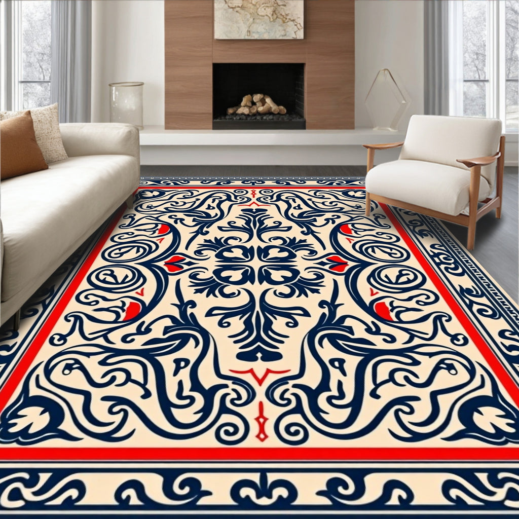 Crimson Blue Floral Scrollwork Medallion Rug