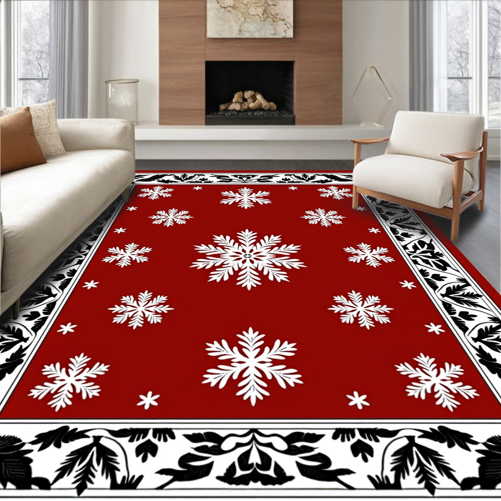 Crimson Red Snowflake Border Rug