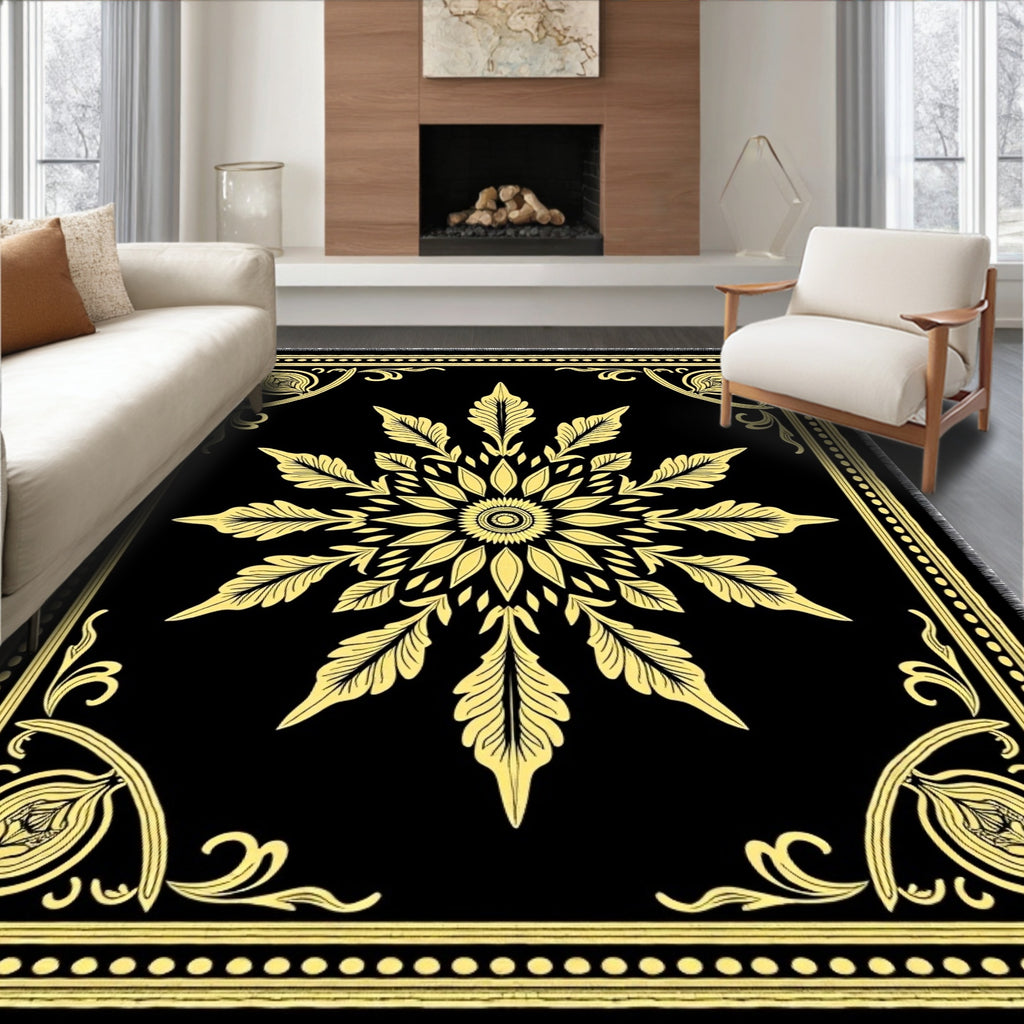 Golden Floral Medallion Black Rug