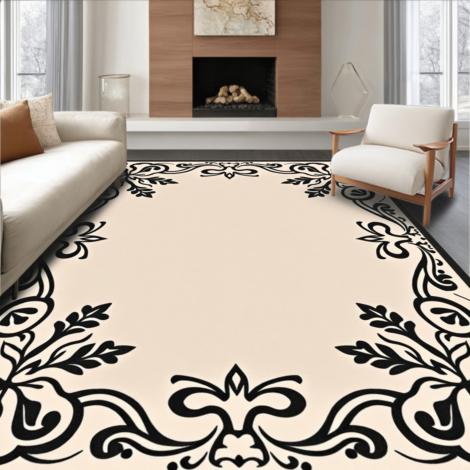 Black Floral Vine Border Rug
