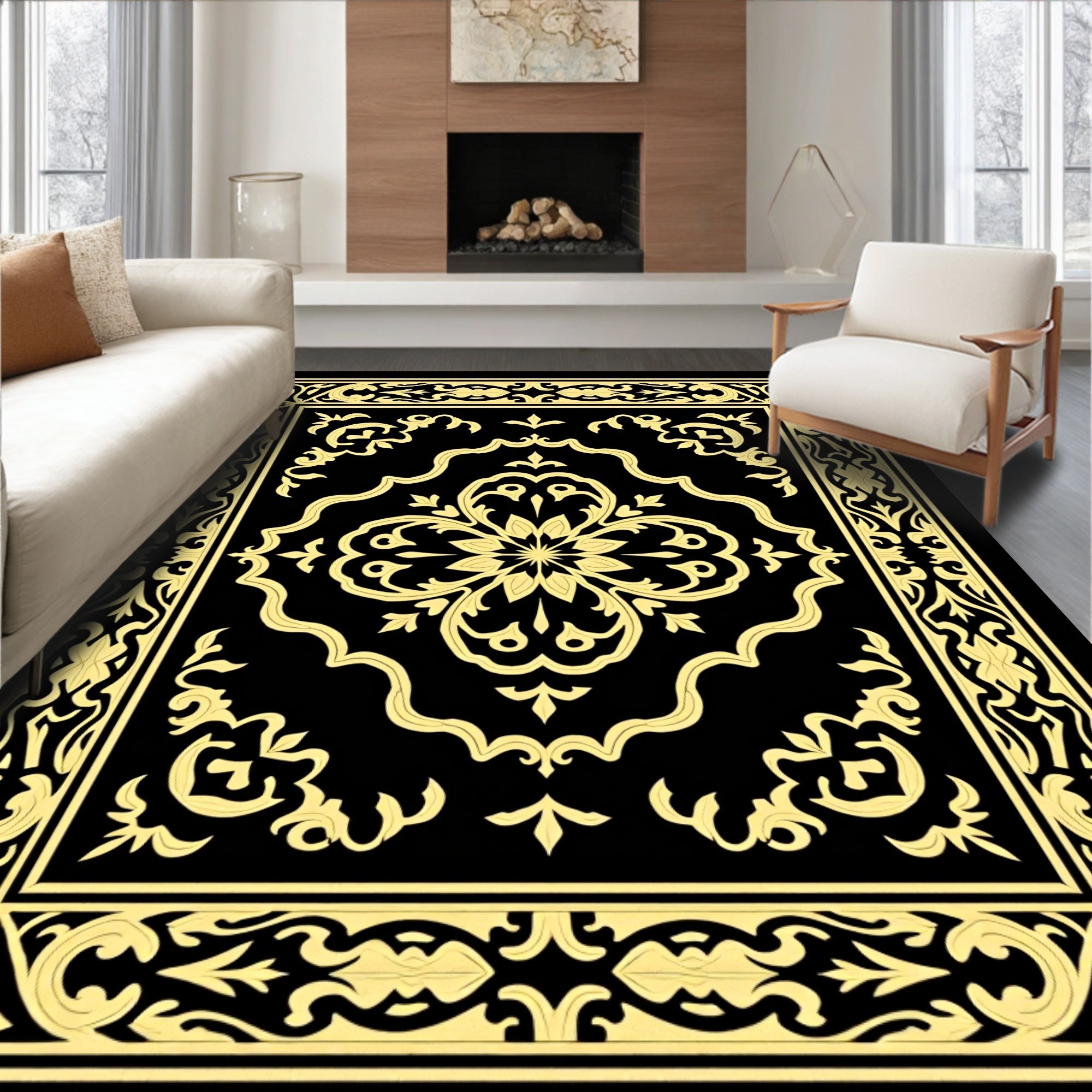 Golden Black Baroque Scrollwork Medallion Rug