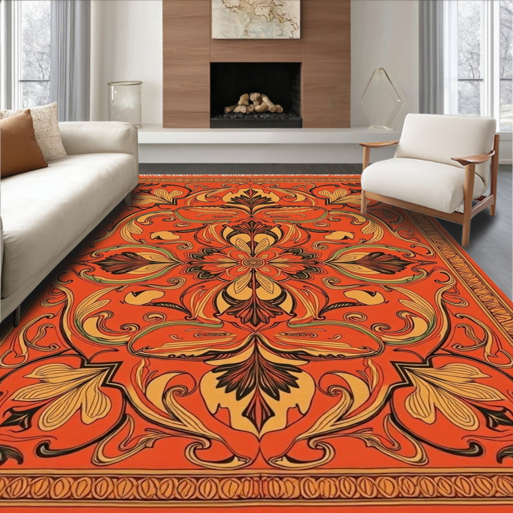 Vibrant Orange Floral Medallion Rug