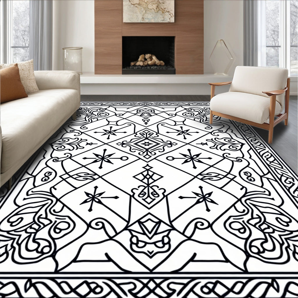 Intricate Black White Geometric Scroll Rug