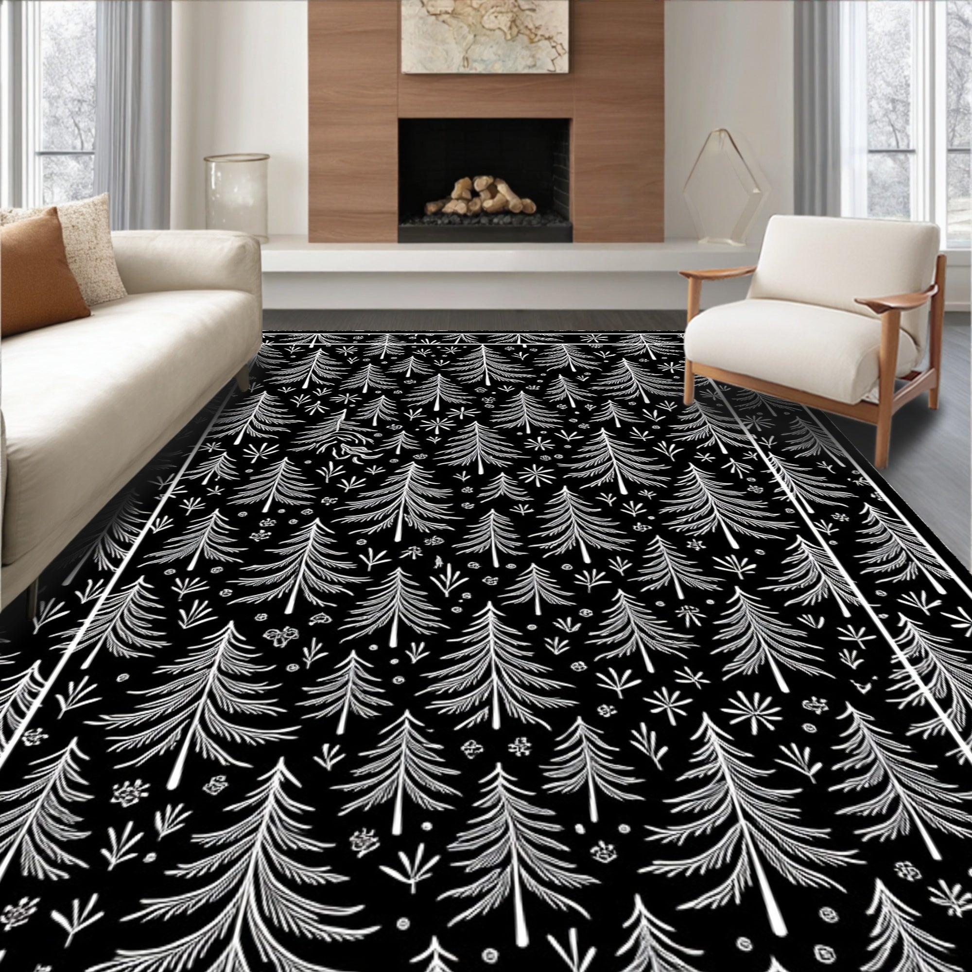 Black White Evergreen Forest Repeat Rug