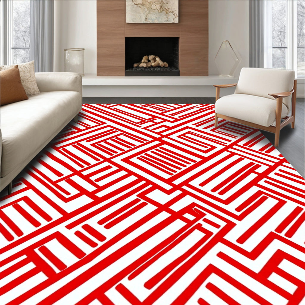 Crimson Geometric Maze Line Rug
