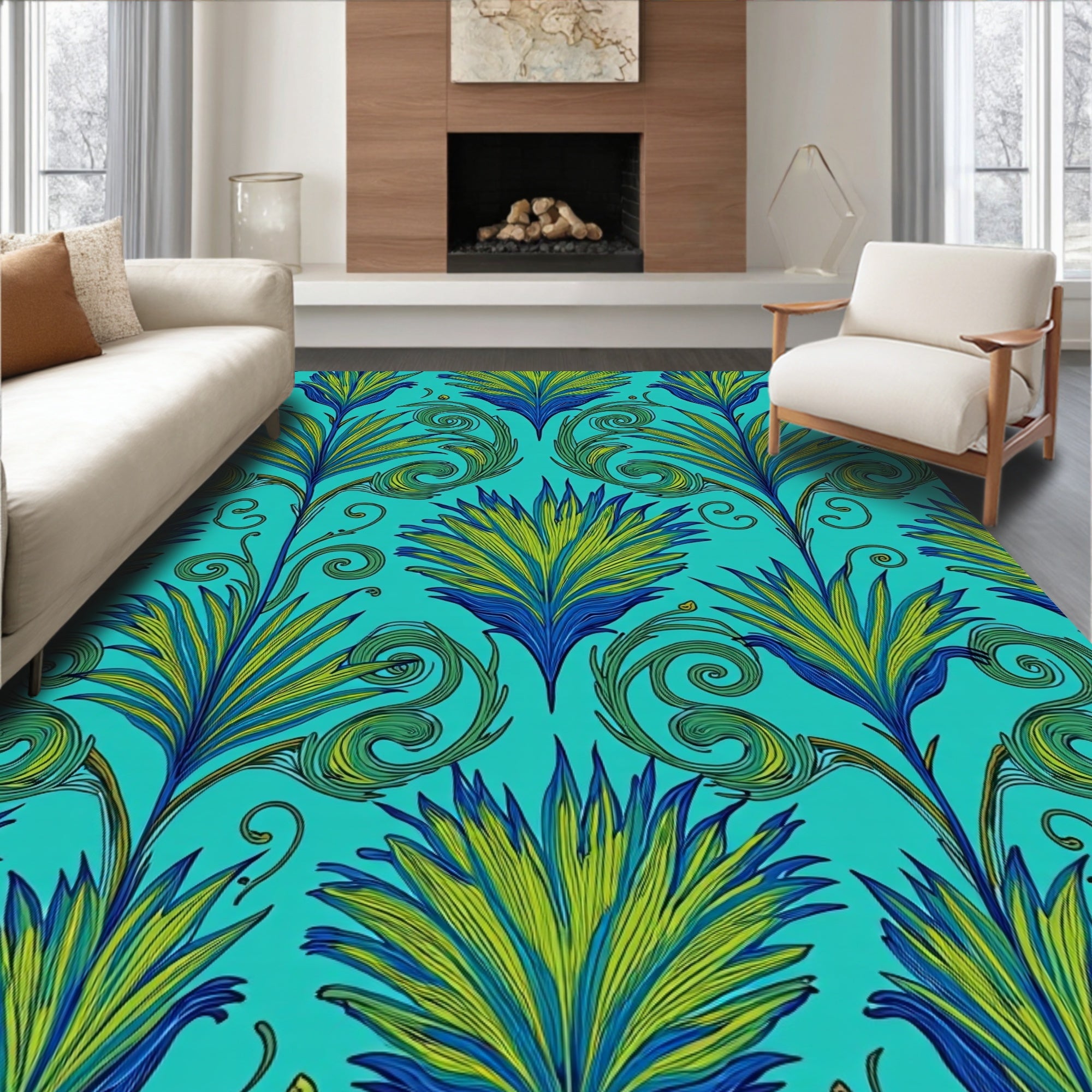 Turquoise Lush Blue Green Floral Swirl Rug