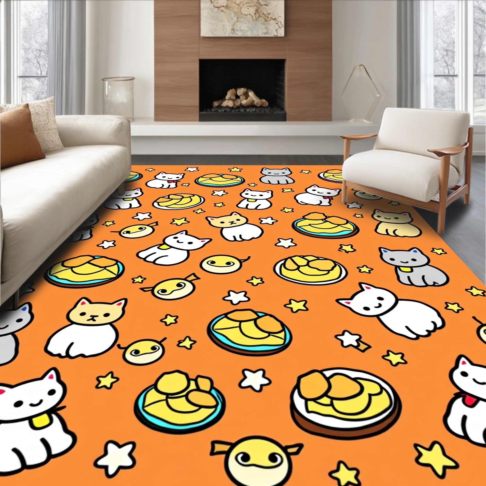 Cute Cats And Stars Orange Rug