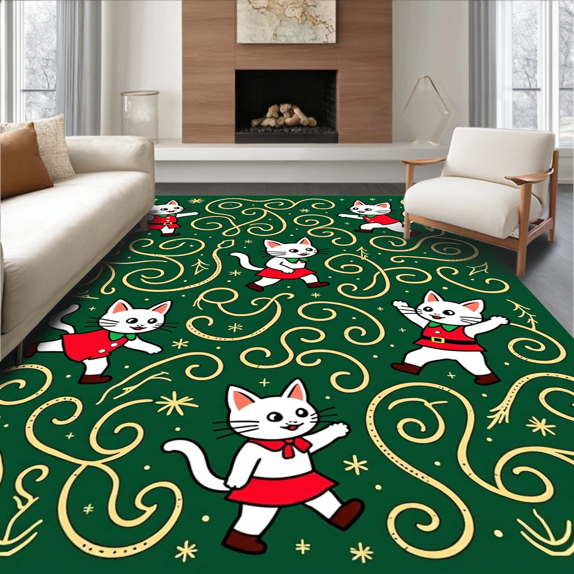 Festive Green Cat Swirl Holiday Rug