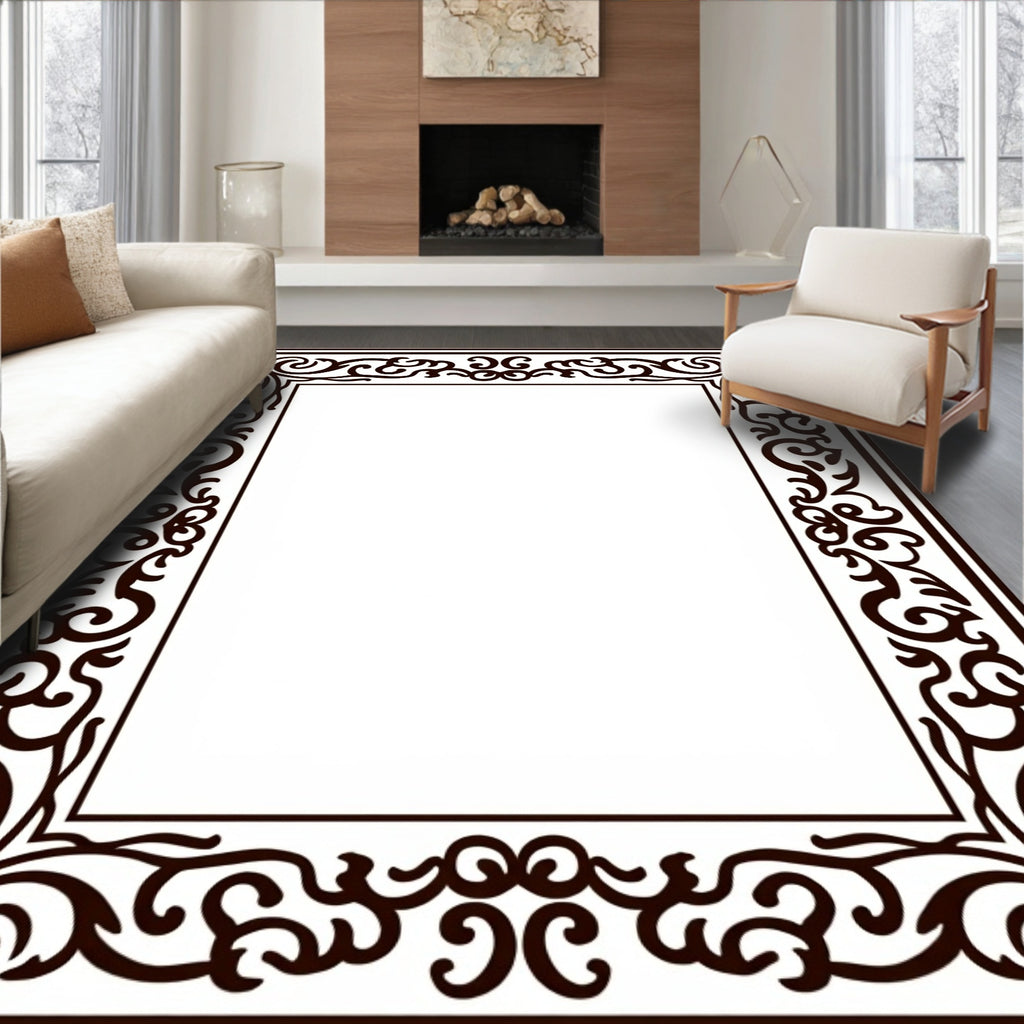 Dark Brown Ornate Scroll Border Rug