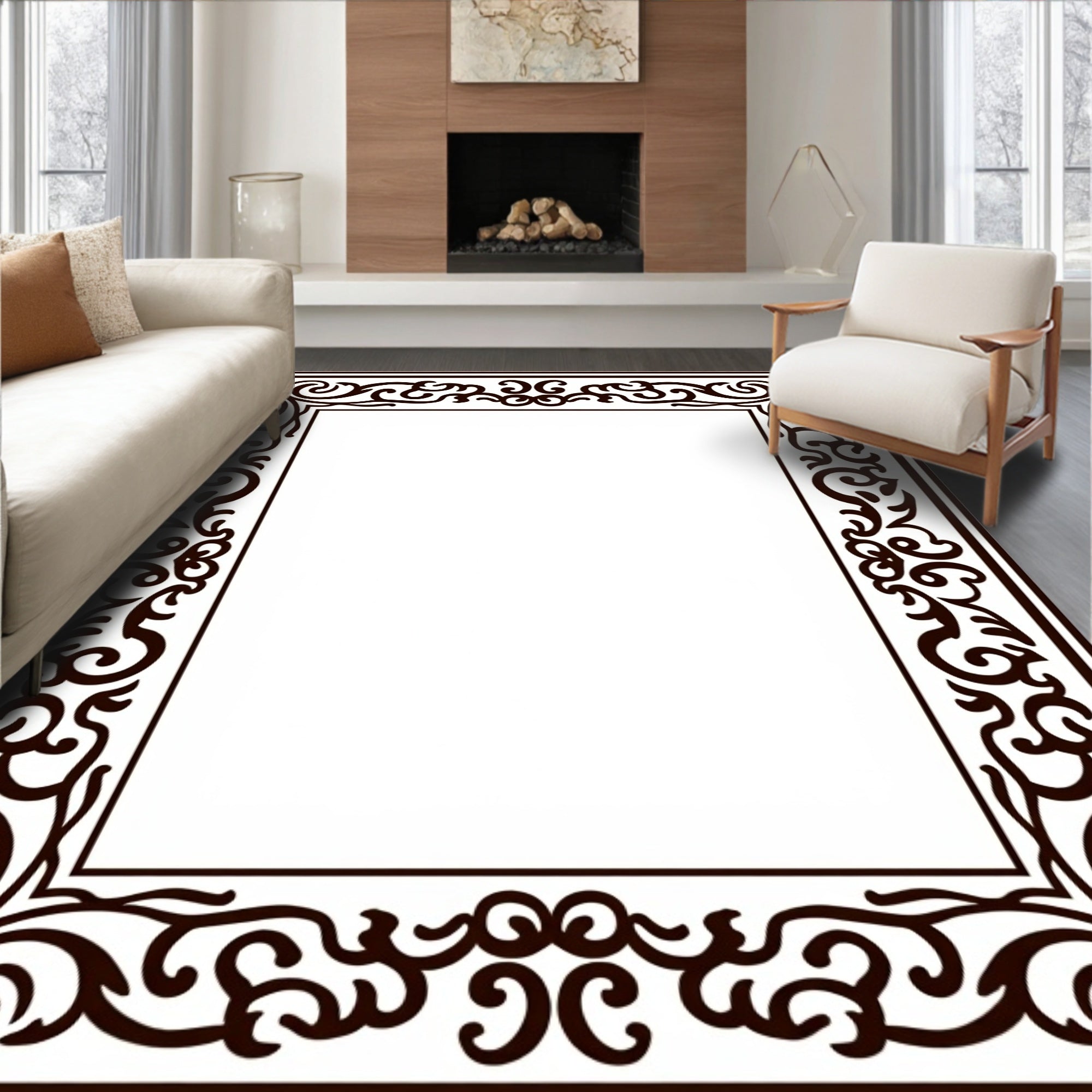 Dark Brown Ornate Scroll Border Rug