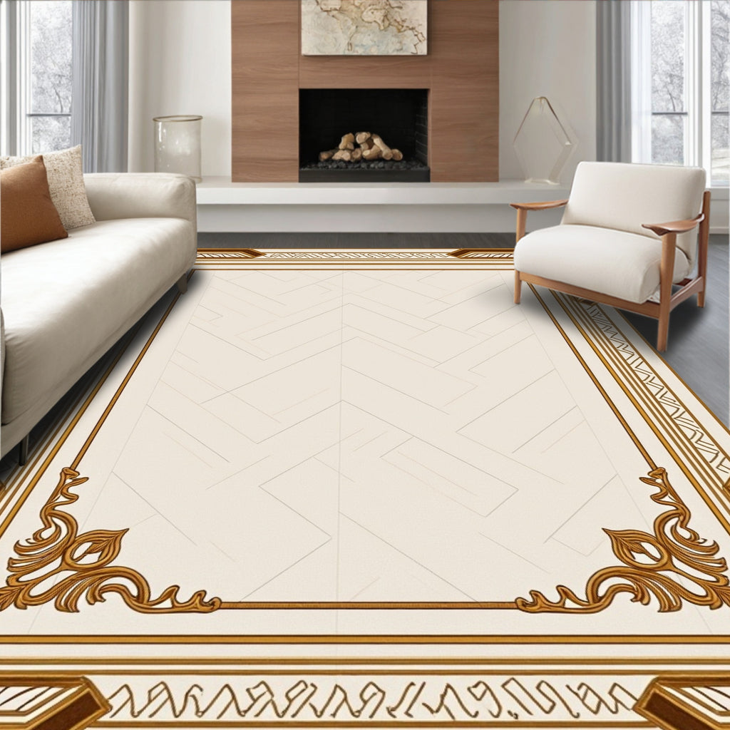 Elegant Cream And Brown Geometric Border Rug