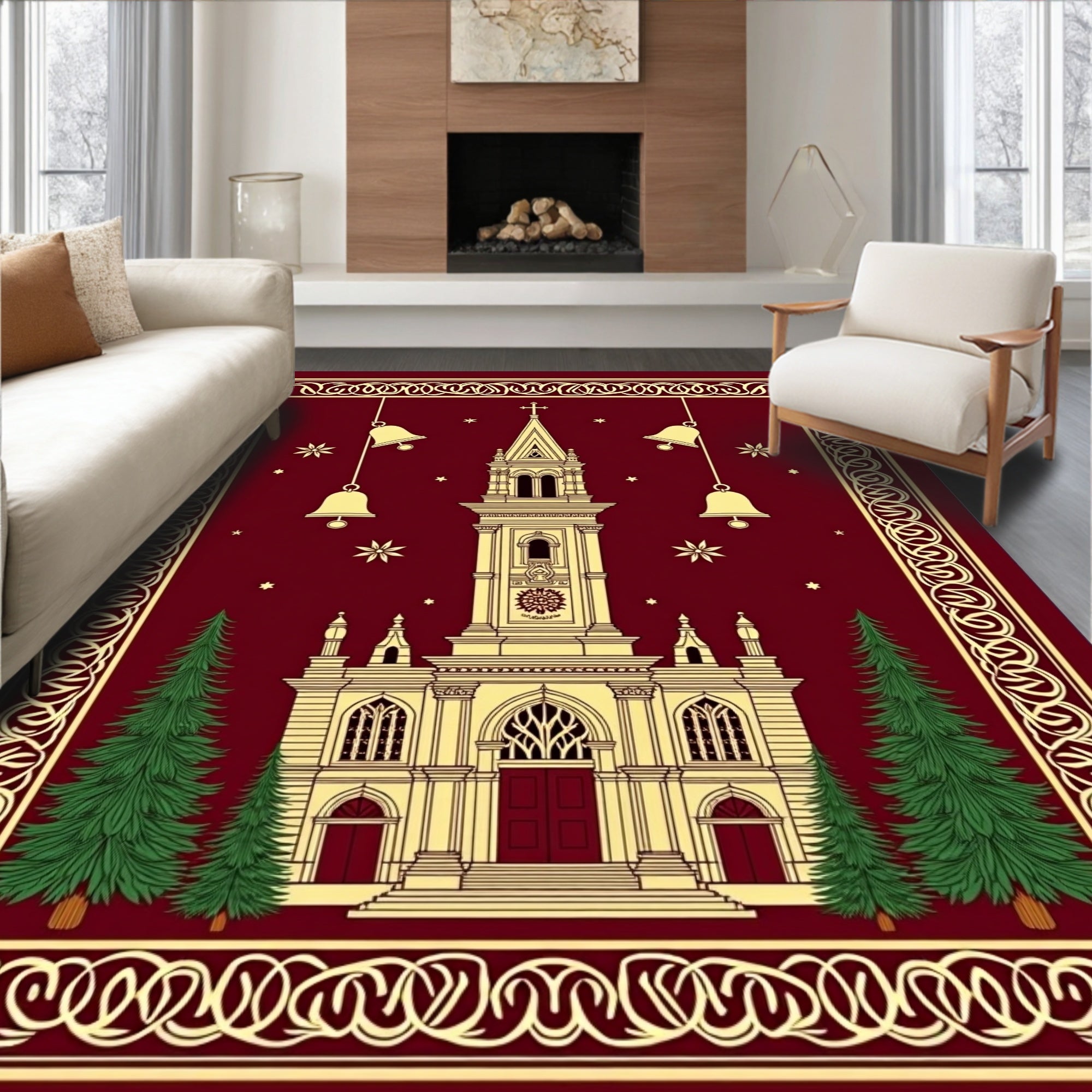 Crimson Church Bells Pine Trees Rug