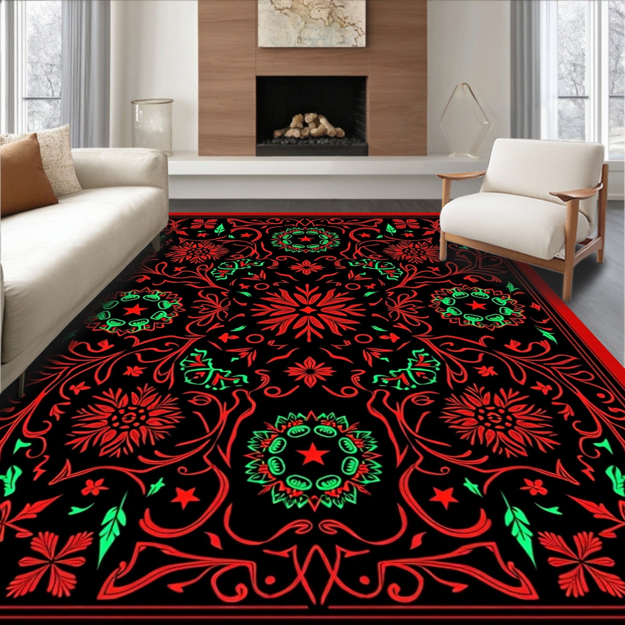 Vibrant Red Green Floral Medallion Mandala Rug