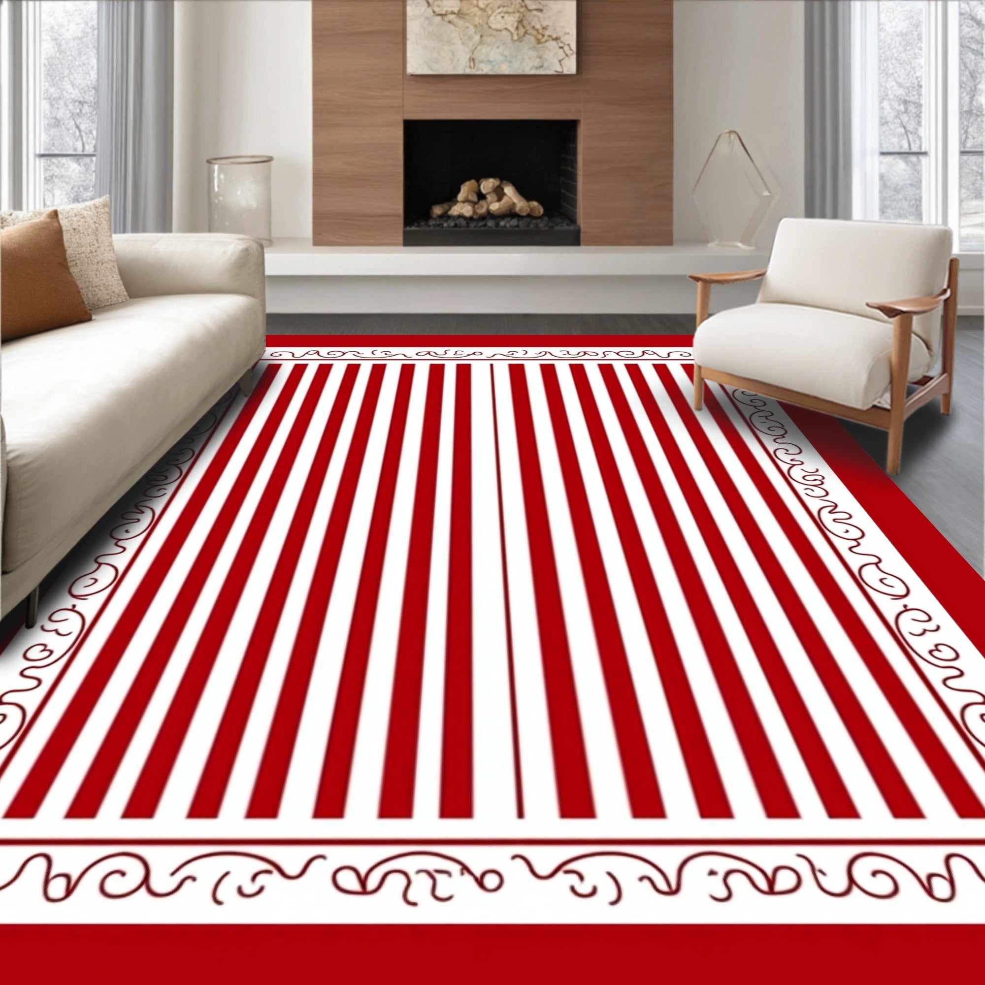 Crimson White Vertical Stripe Ornate Frame Rug