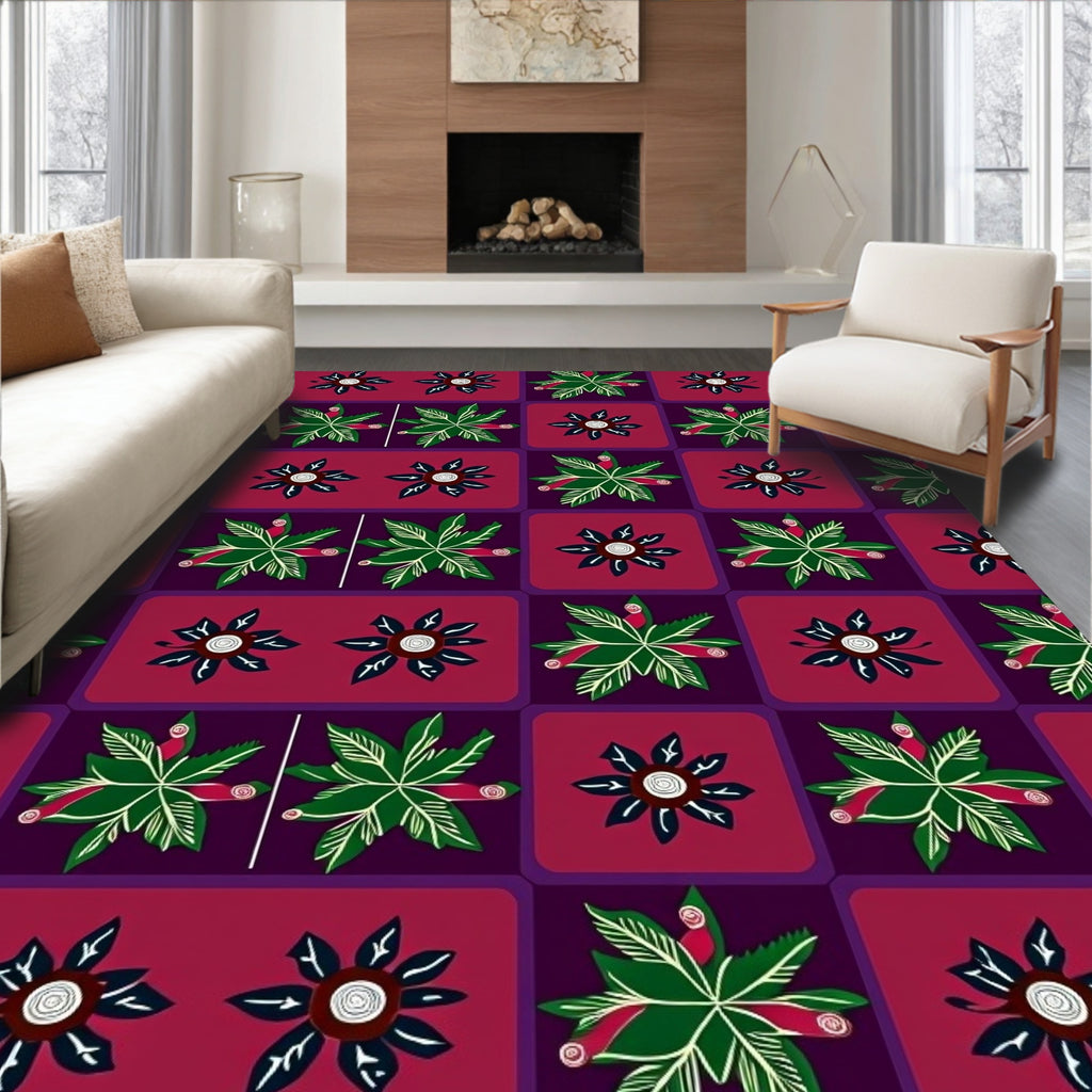 Bold Plum Deep Green Floral Grid Rug