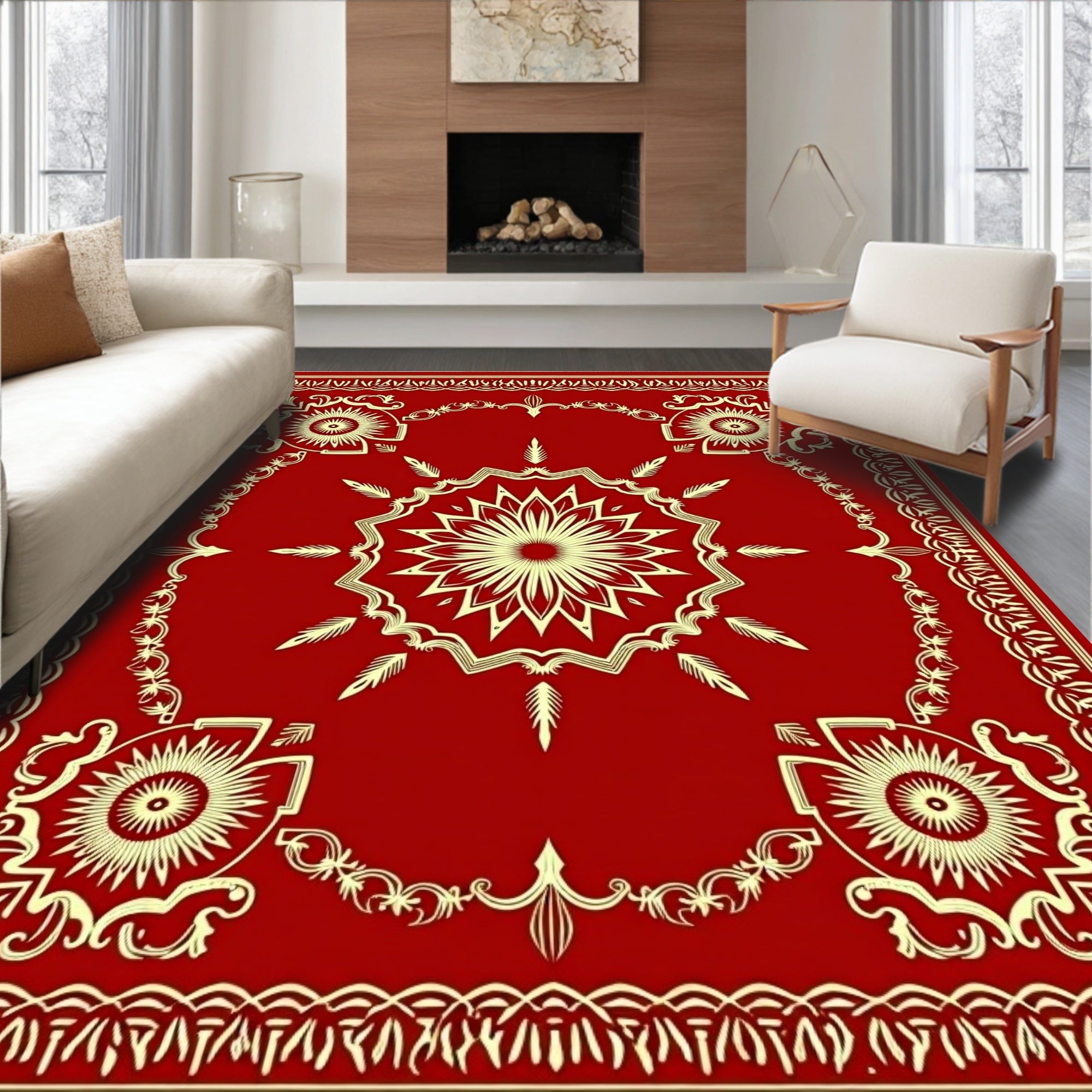 Crimson Sunburst Floral Medallion Border Rug