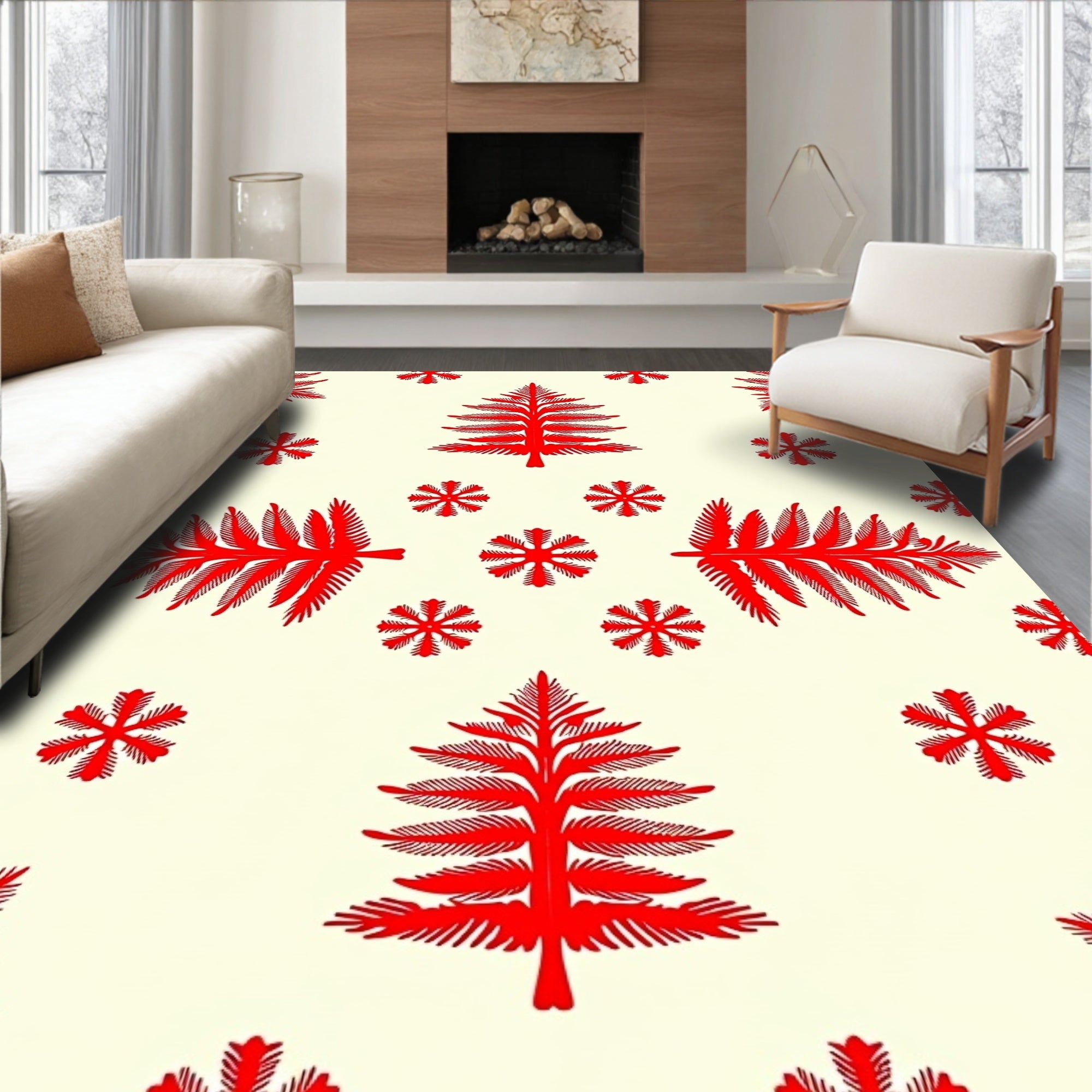 Crimson Red Evergreen Snowflakes Rug