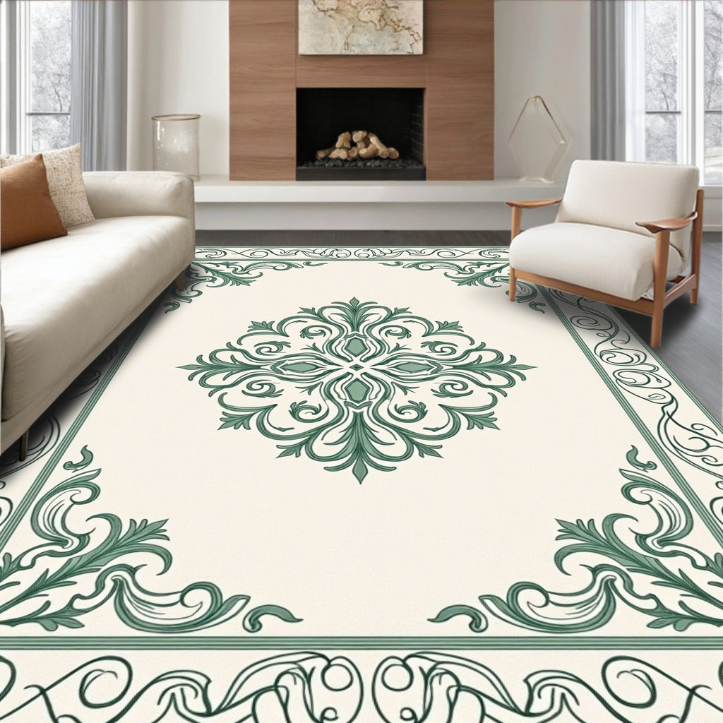 Classic Green Ornamental Scrollwork Rug