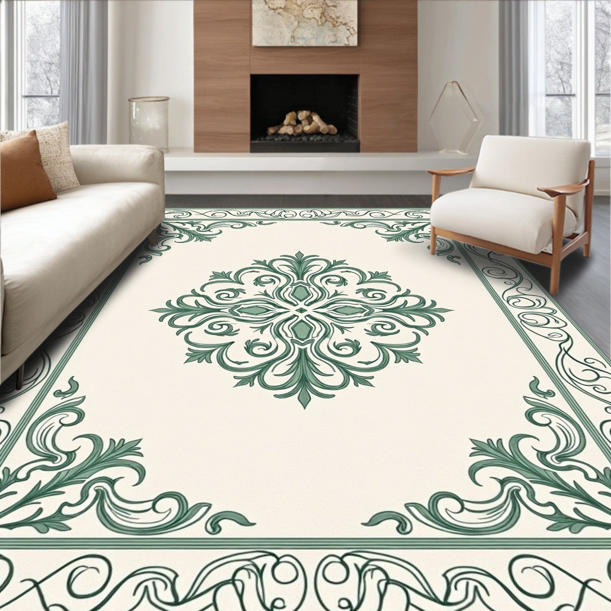 Classic Green Ornamental Scrollwork Rug
