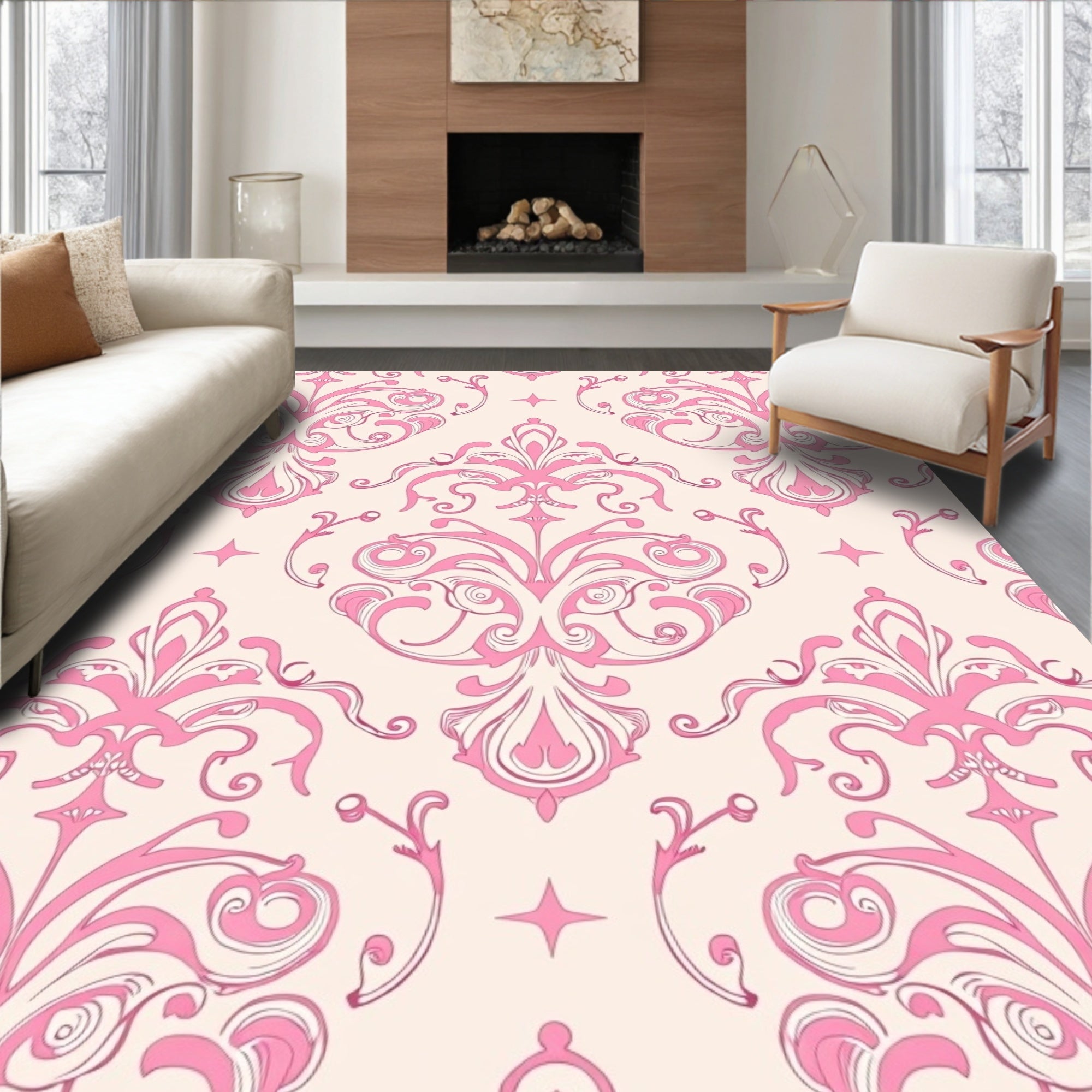 Elegant Pink Damask Swirl Medallion Rug