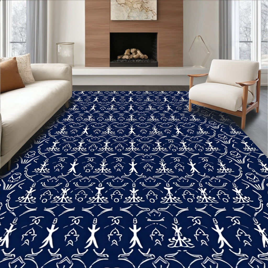 Deep Navy White Folkloric Figures Rug