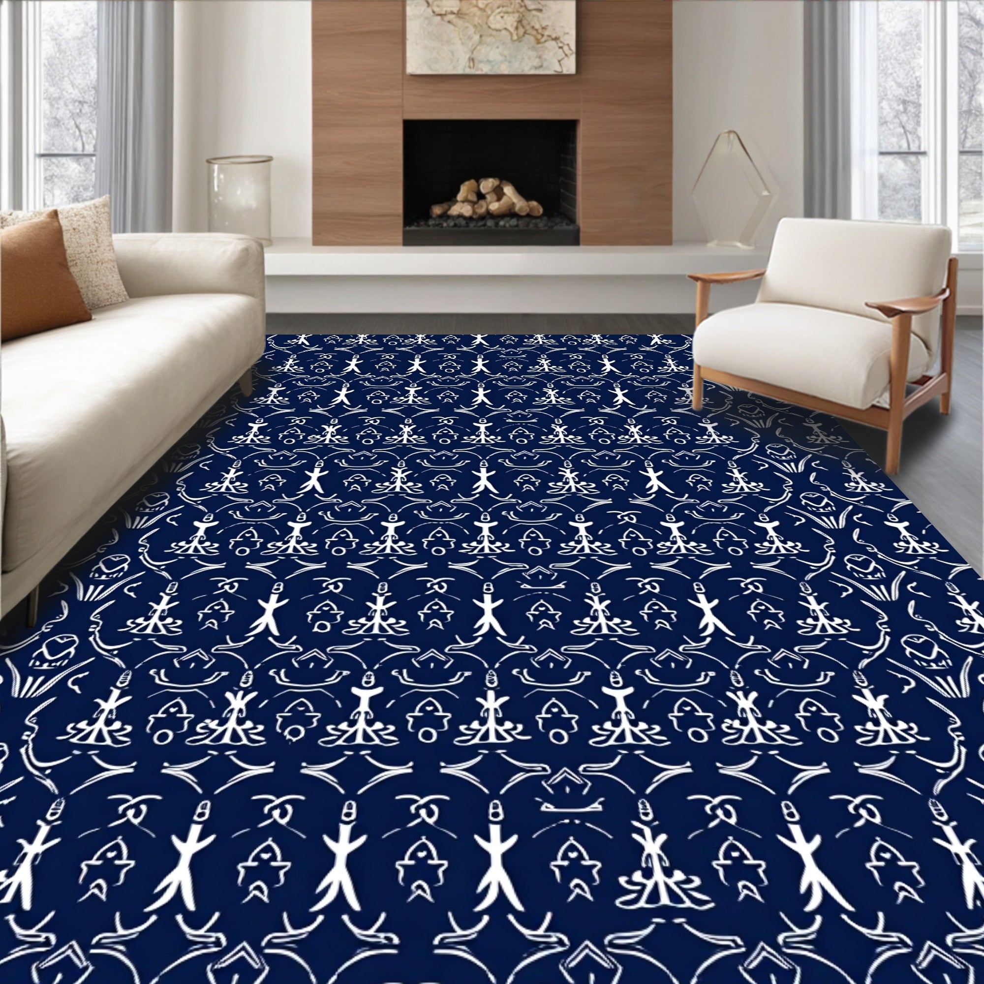 Deep Navy White Folkloric Figures Rug