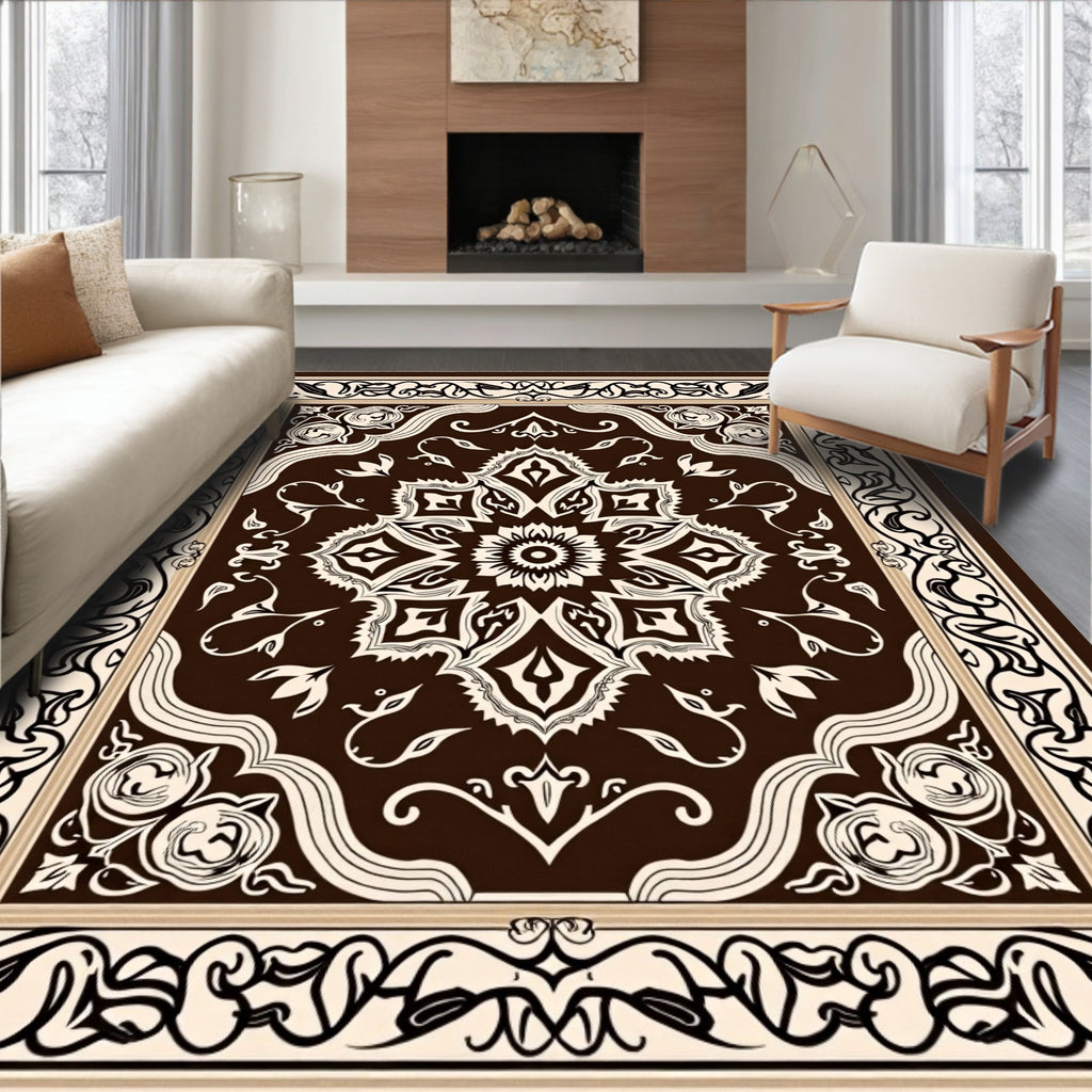 Rich Brown Cream Floral Medallion Rug