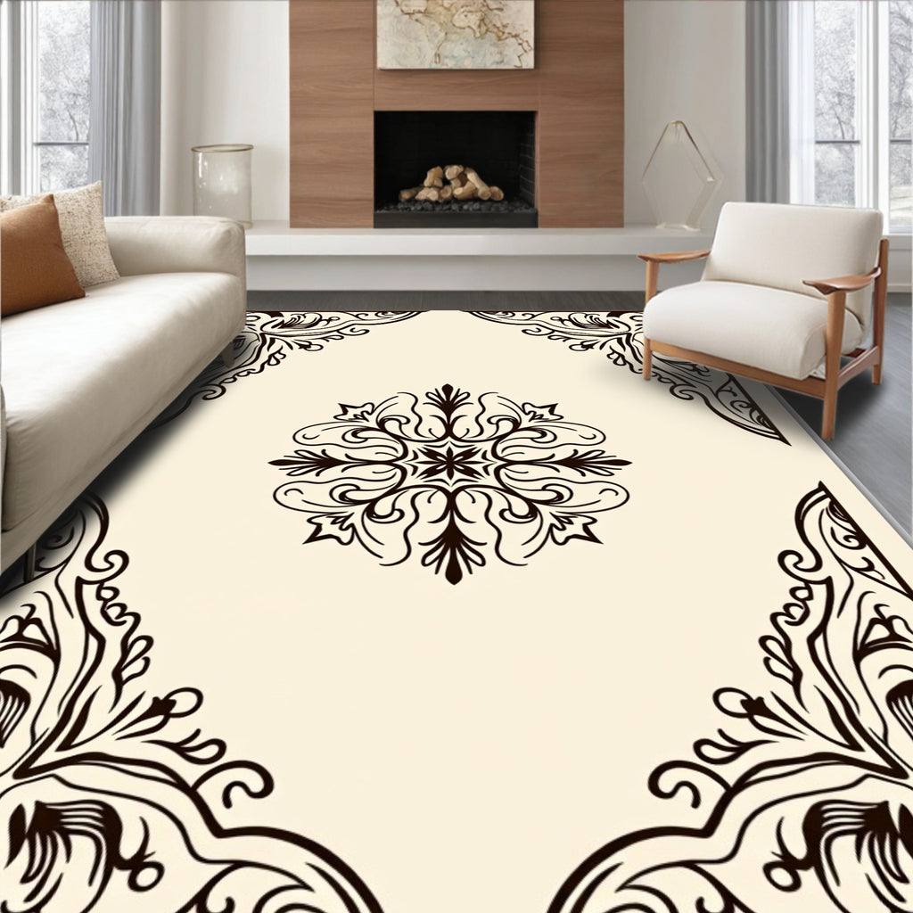 Cream Scrolled Floral Corner Medallion Rug
