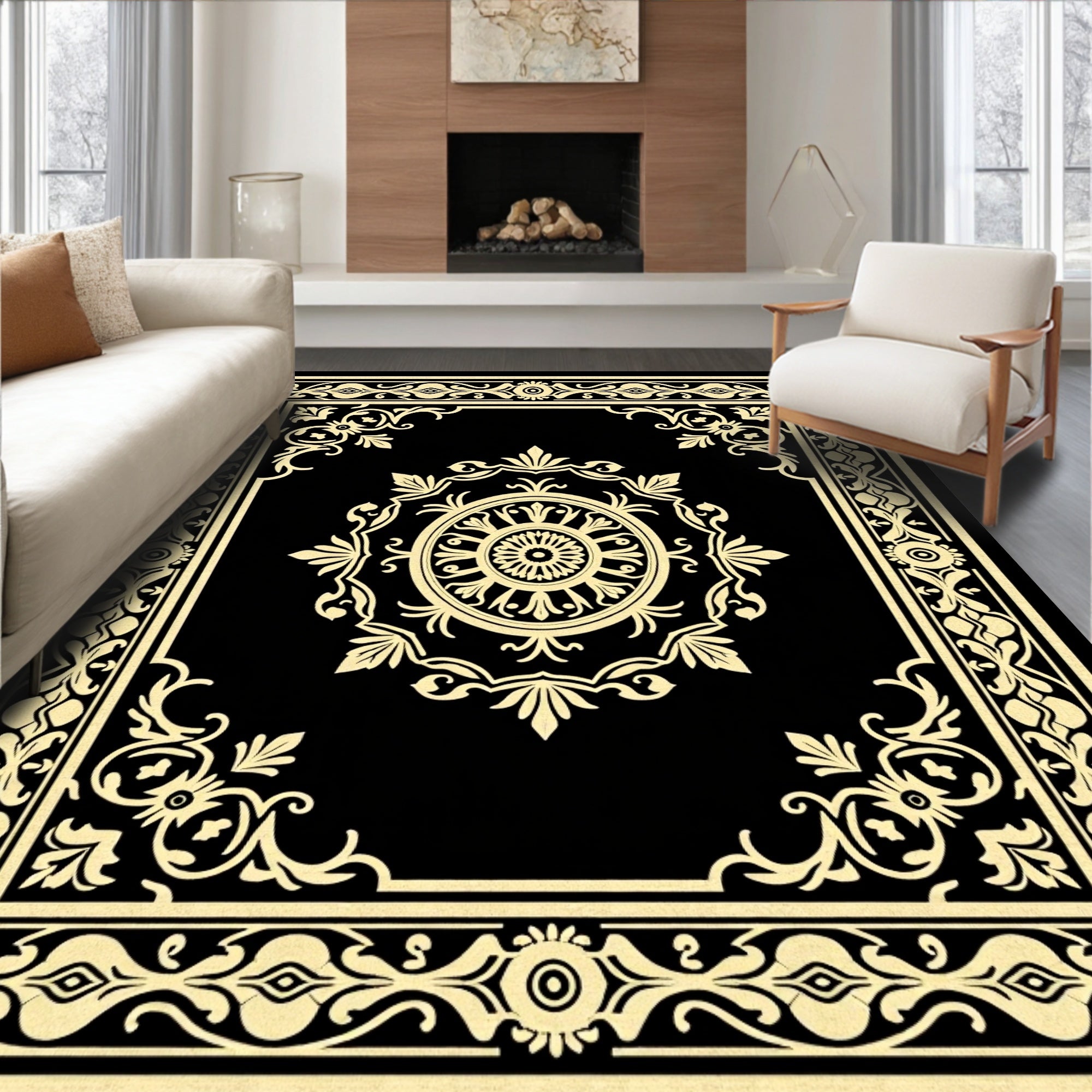Classic Black Gold Floral Medallion Rug